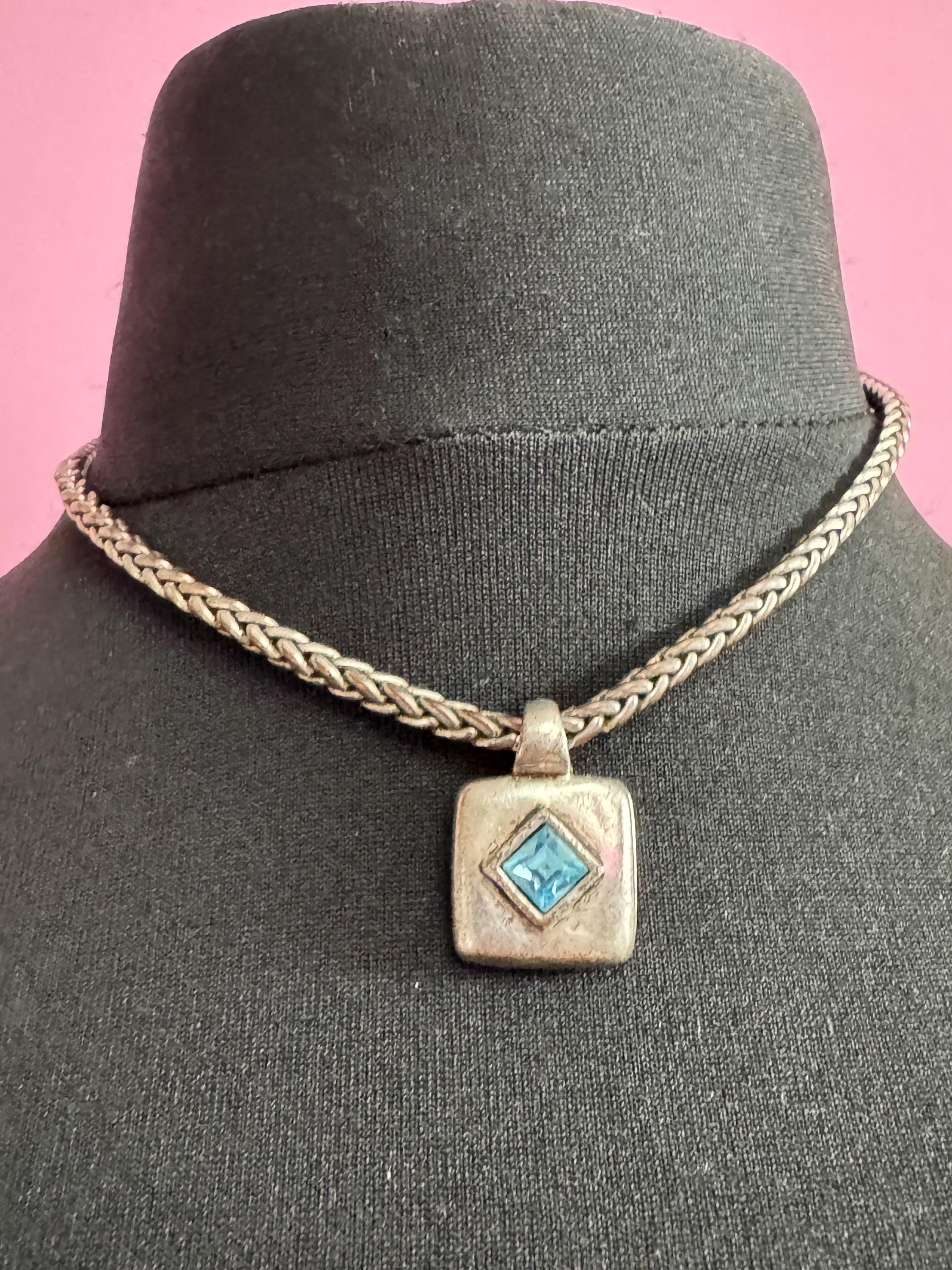 Signed hultquist Copenhagen Retro modernist dark silver tone wheat chain with turquoise square Crystal pendant necklace 42cm