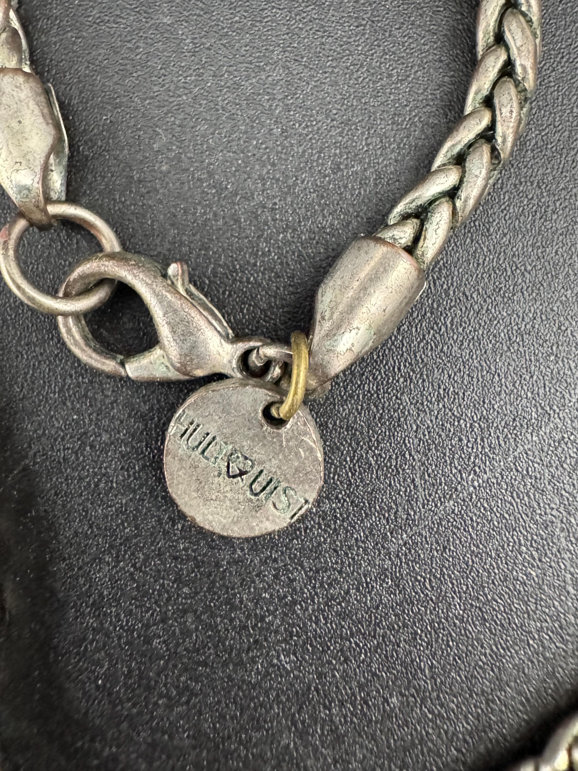 Signed hultquist Copenhagen Retro modernist dark silver tone wheat chain with turquoise square Crystal pendant necklace 42cm