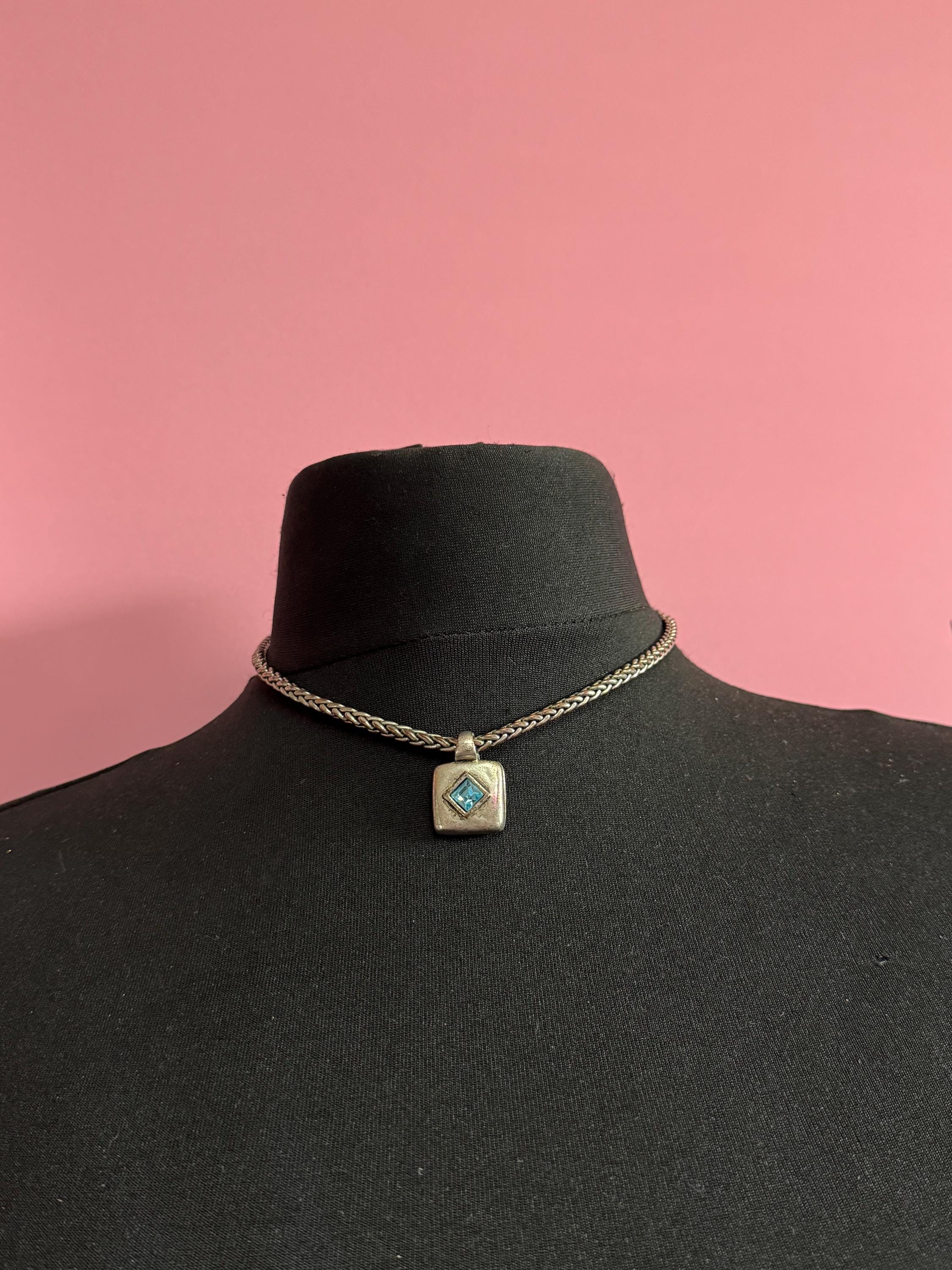 Signed hultquist Copenhagen Retro modernist dark silver tone wheat chain with turquoise square Crystal pendant necklace 42cm
