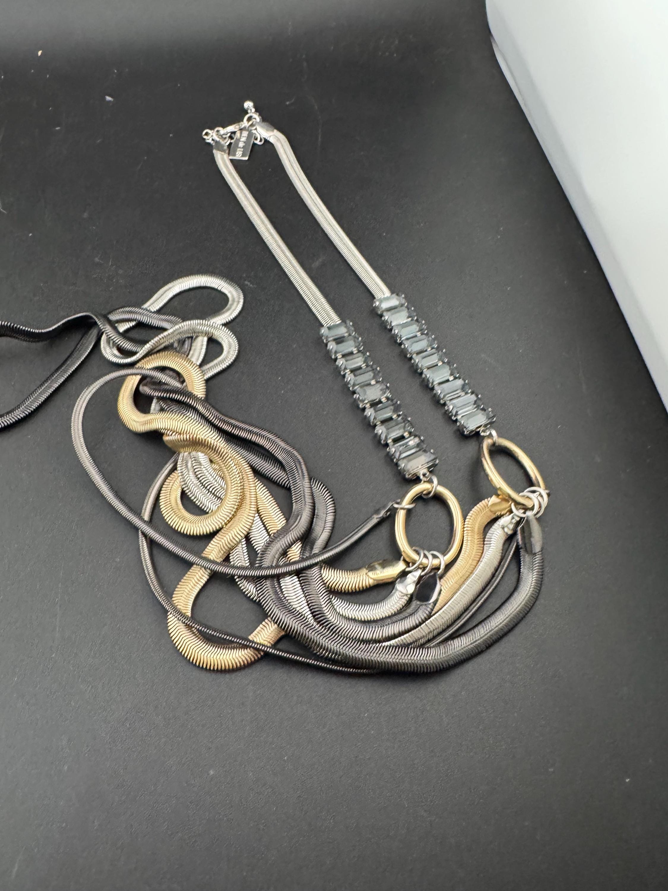 Retro Signed Ben De Lisi very long modernist multistrand grey crystal snake chain layering necklace, silver tone