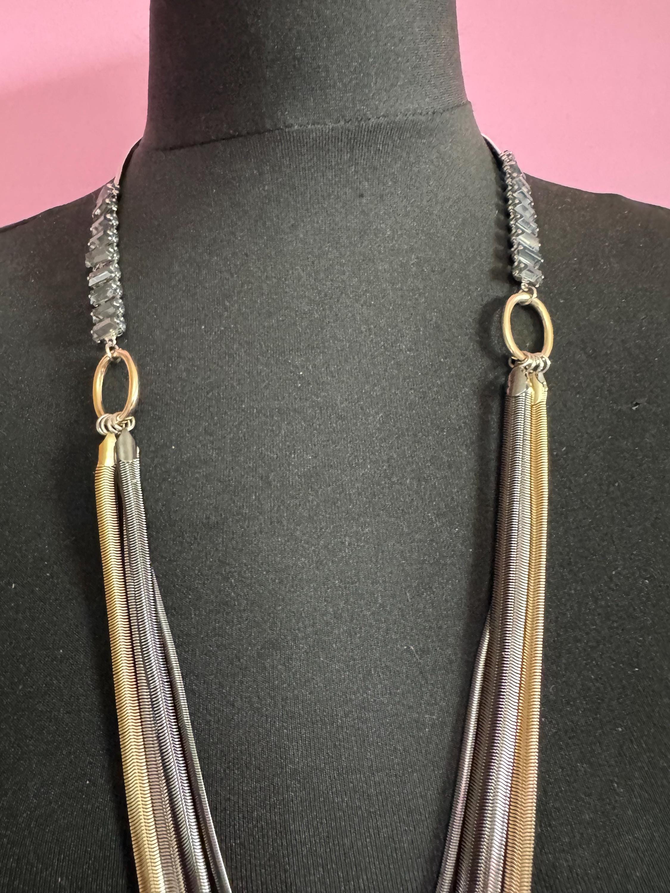 Retro Signed Ben De Lisi very long modernist multistrand grey crystal snake chain layering necklace, silver tone