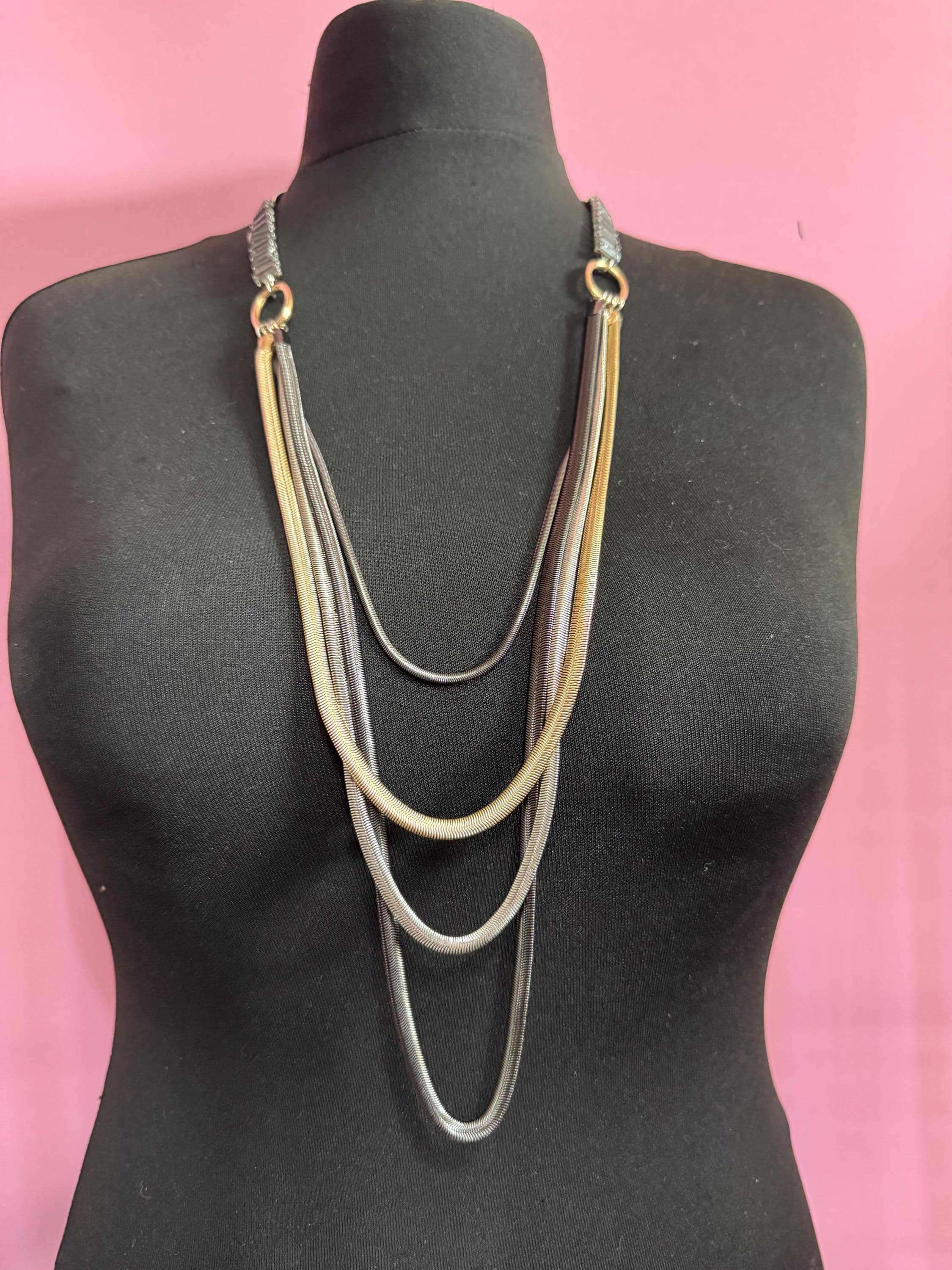Retro Signed Ben De Lisi very long modernist multistrand grey crystal snake chain layering necklace, silver tone