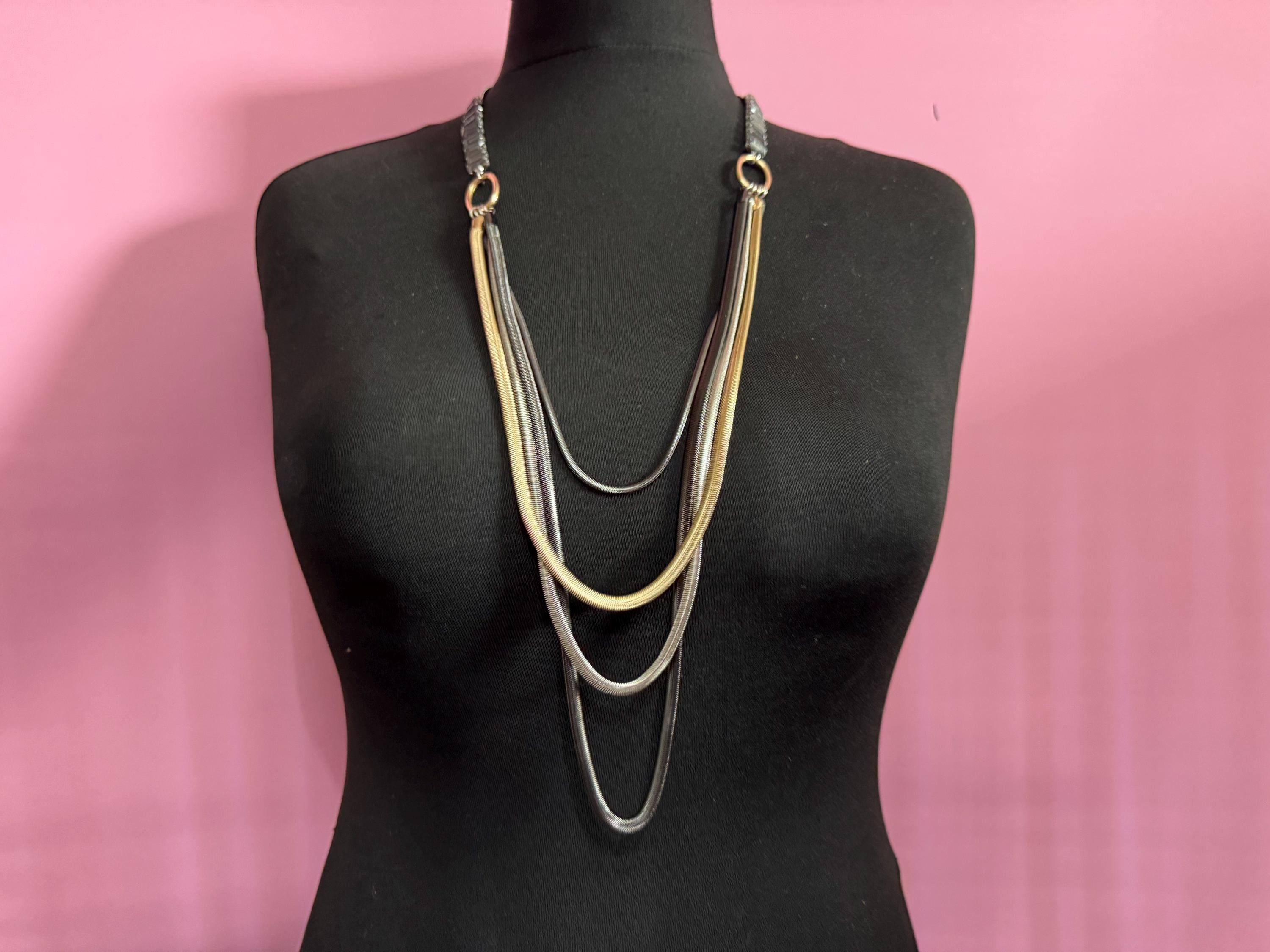 Retro Signed Ben De Lisi very long modernist multistrand grey crystal snake chain layering necklace, silver tone