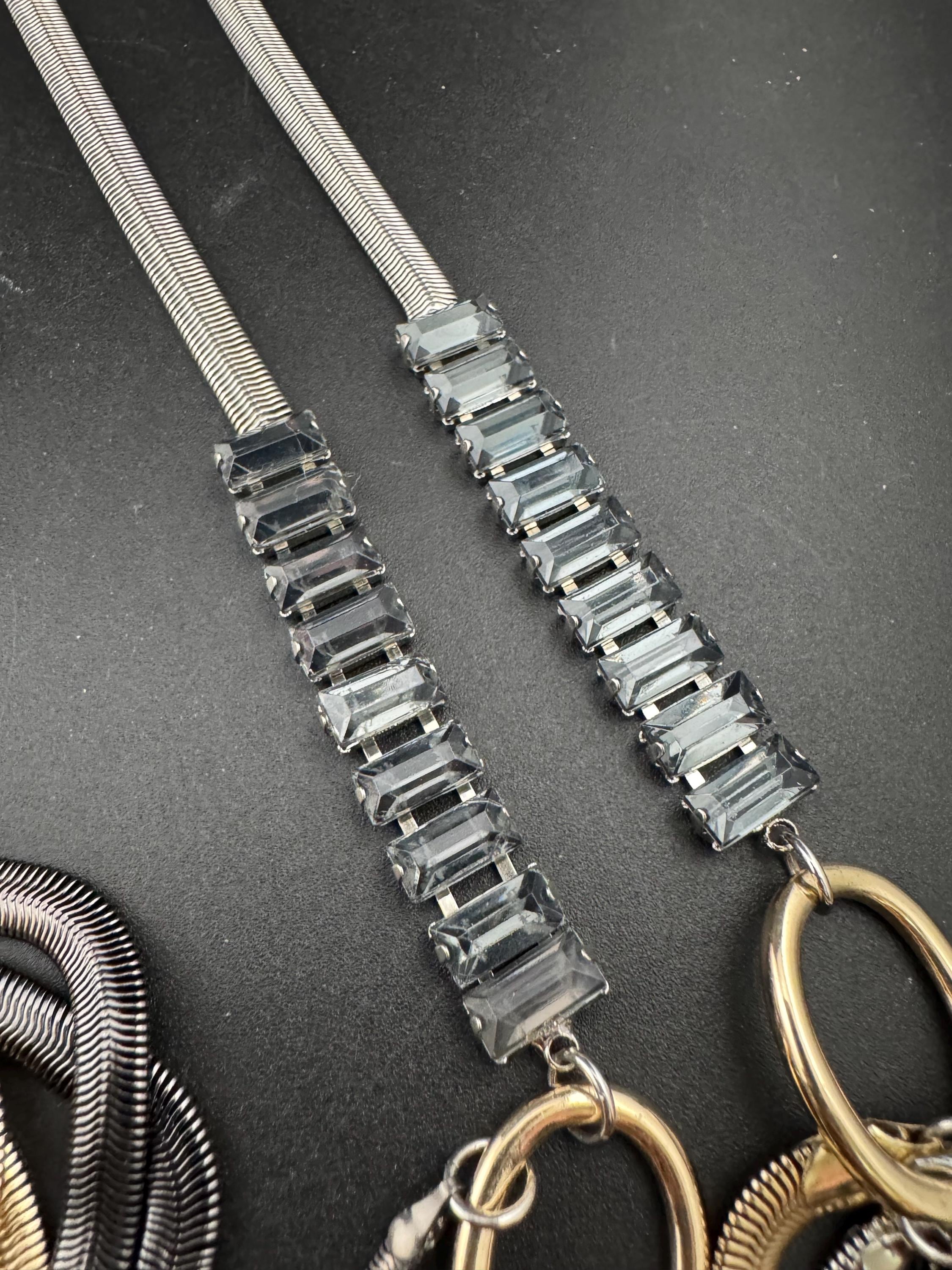 Retro Signed Ben De Lisi very long modernist multistrand grey crystal snake chain layering necklace, silver tone