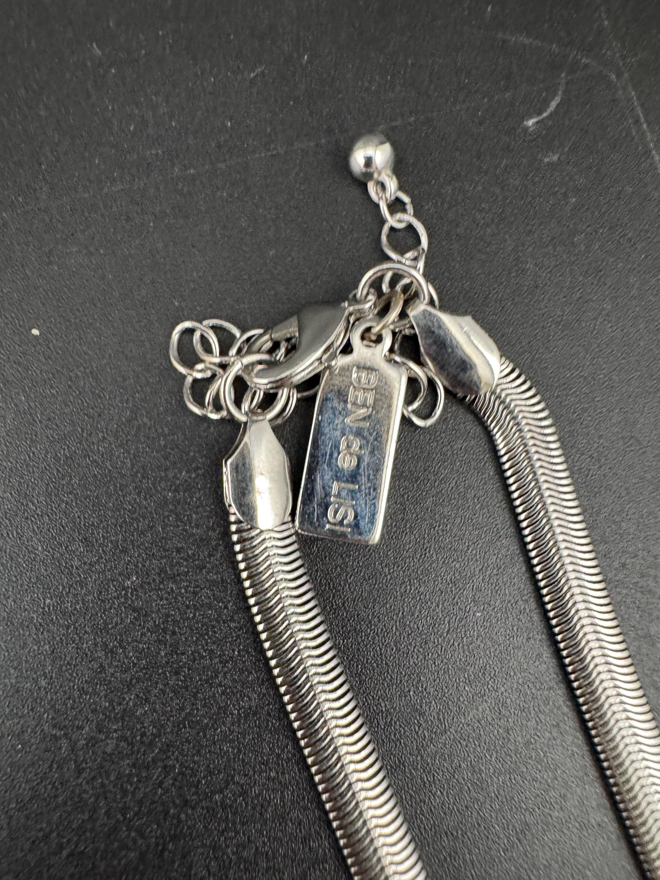 Retro Signed Ben De Lisi very long modernist multistrand grey crystal snake chain layering necklace, silver tone