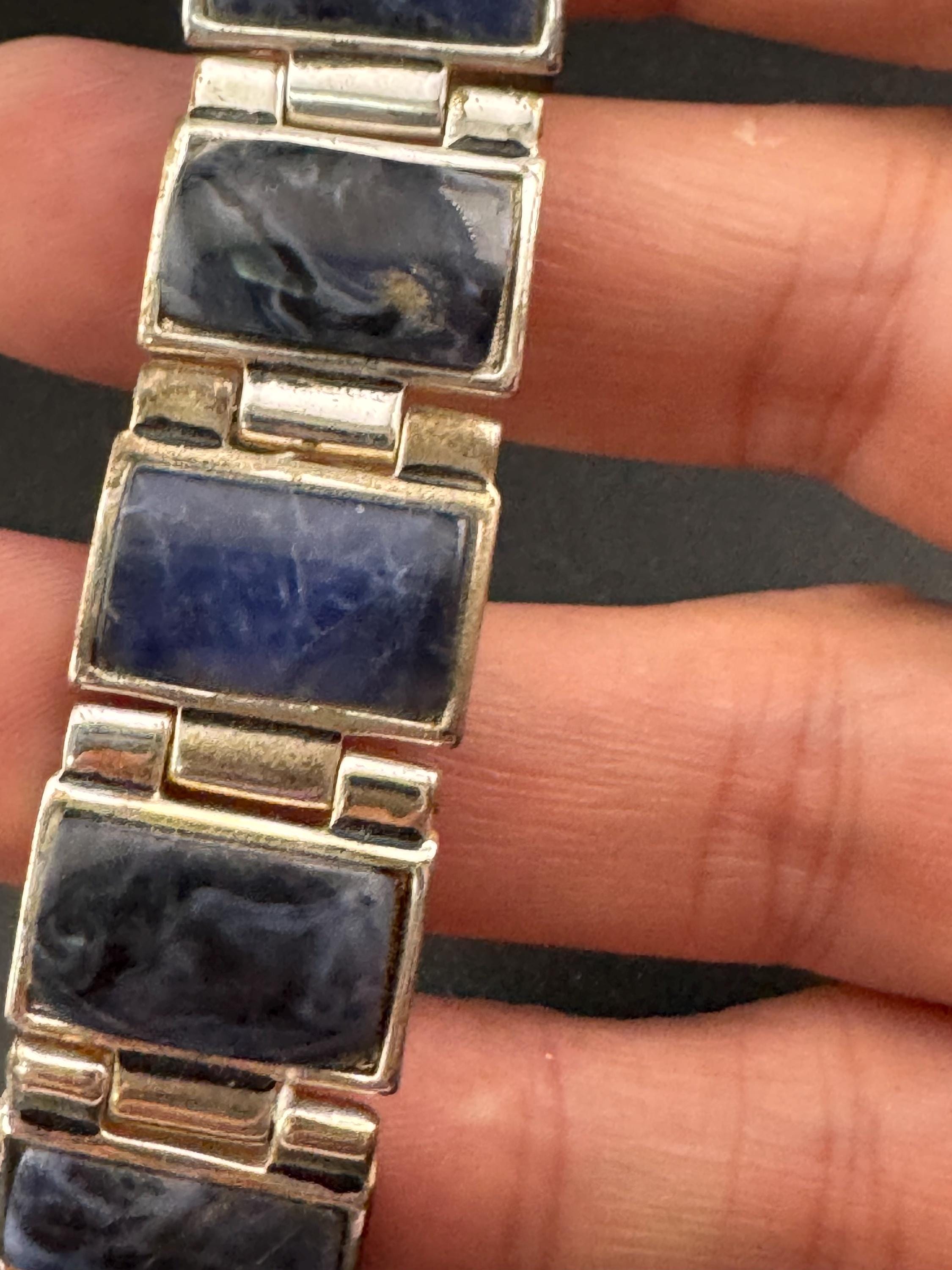 retro designer MONET signed silver tone faux blue gemstone acrylic cabochon panel link bracelet 19.5cm x 16mm