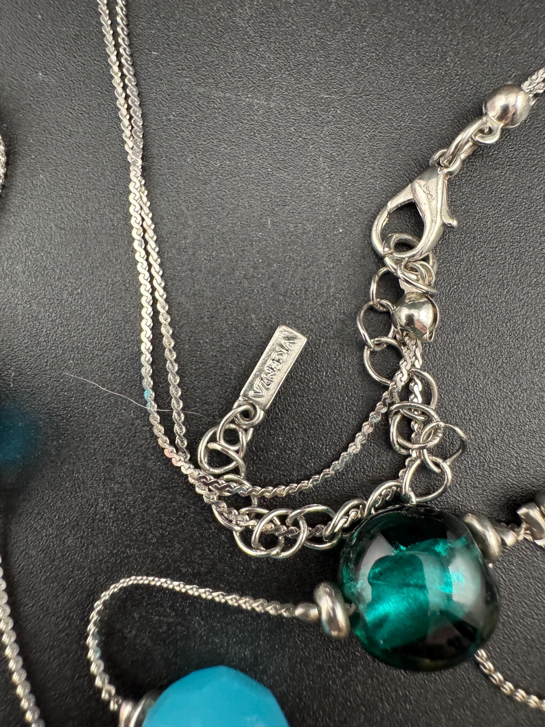 Signed Vicenza Italian Vintage blue green acrylic and natural gemstone 2 row silvertone layering beaded necklace
