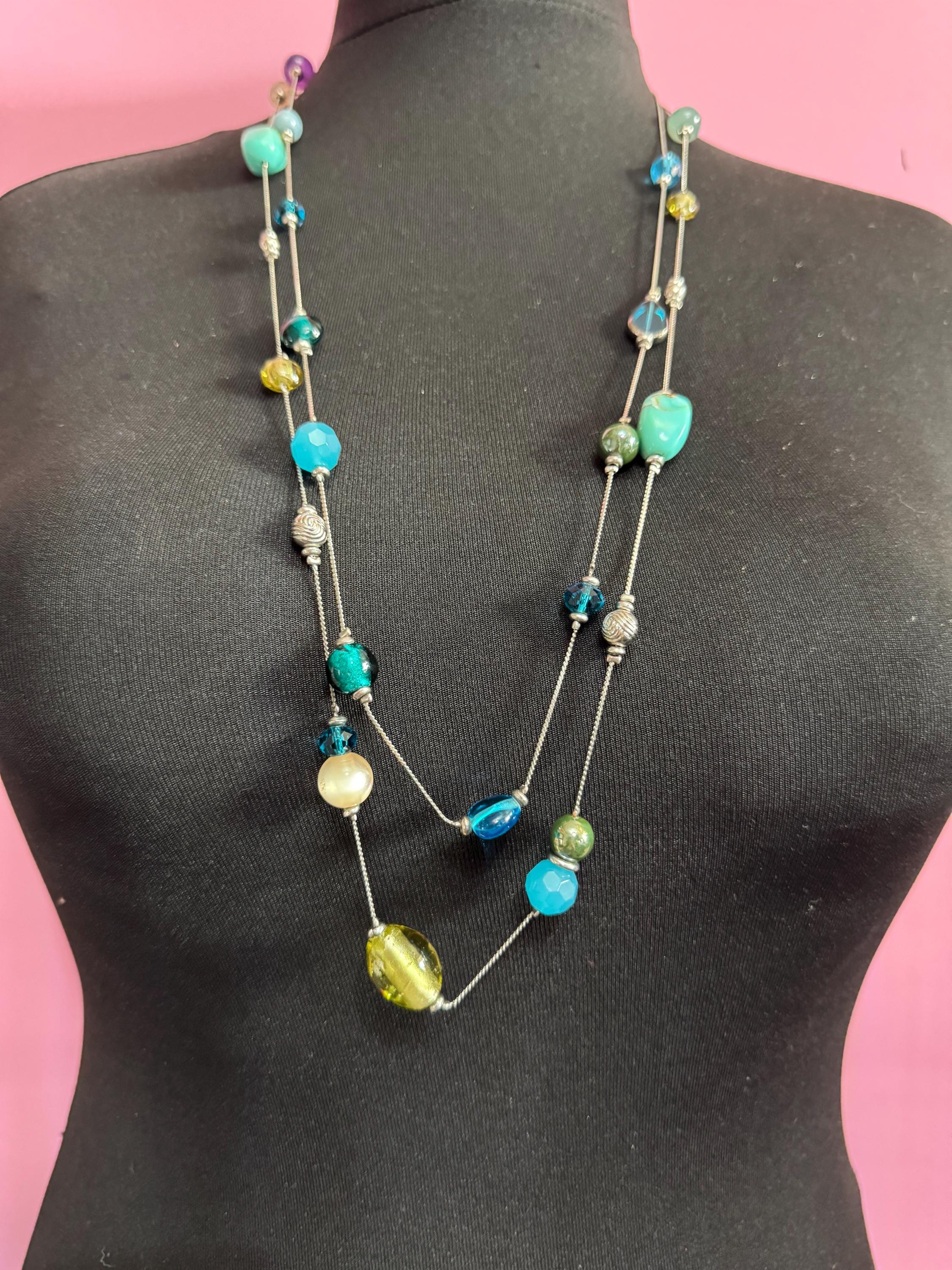Signed Vicenza Italian Vintage blue green acrylic and natural gemstone 2 row silvertone layering beaded necklace