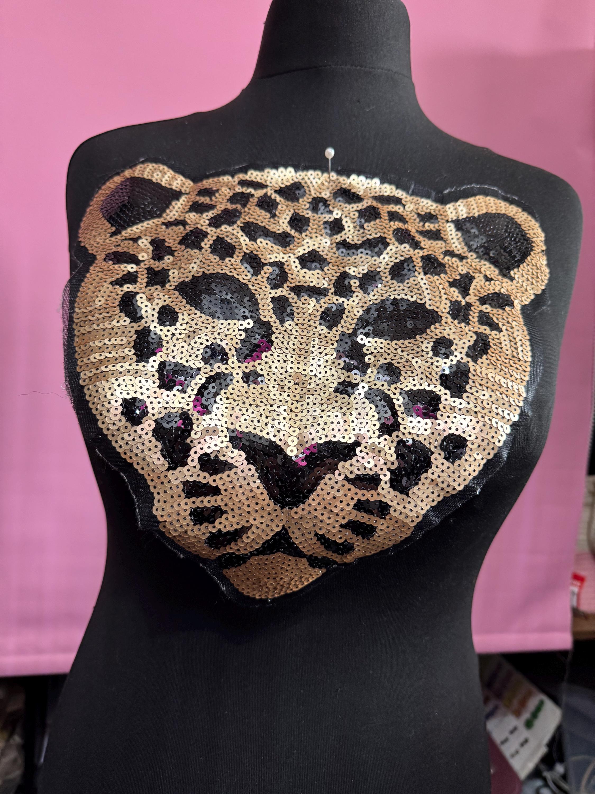 XL 30cm x 29cm sew on wild animal, big cat leopard face patch sequin applique for sewing on clothing , jackets and bags upcycle projects