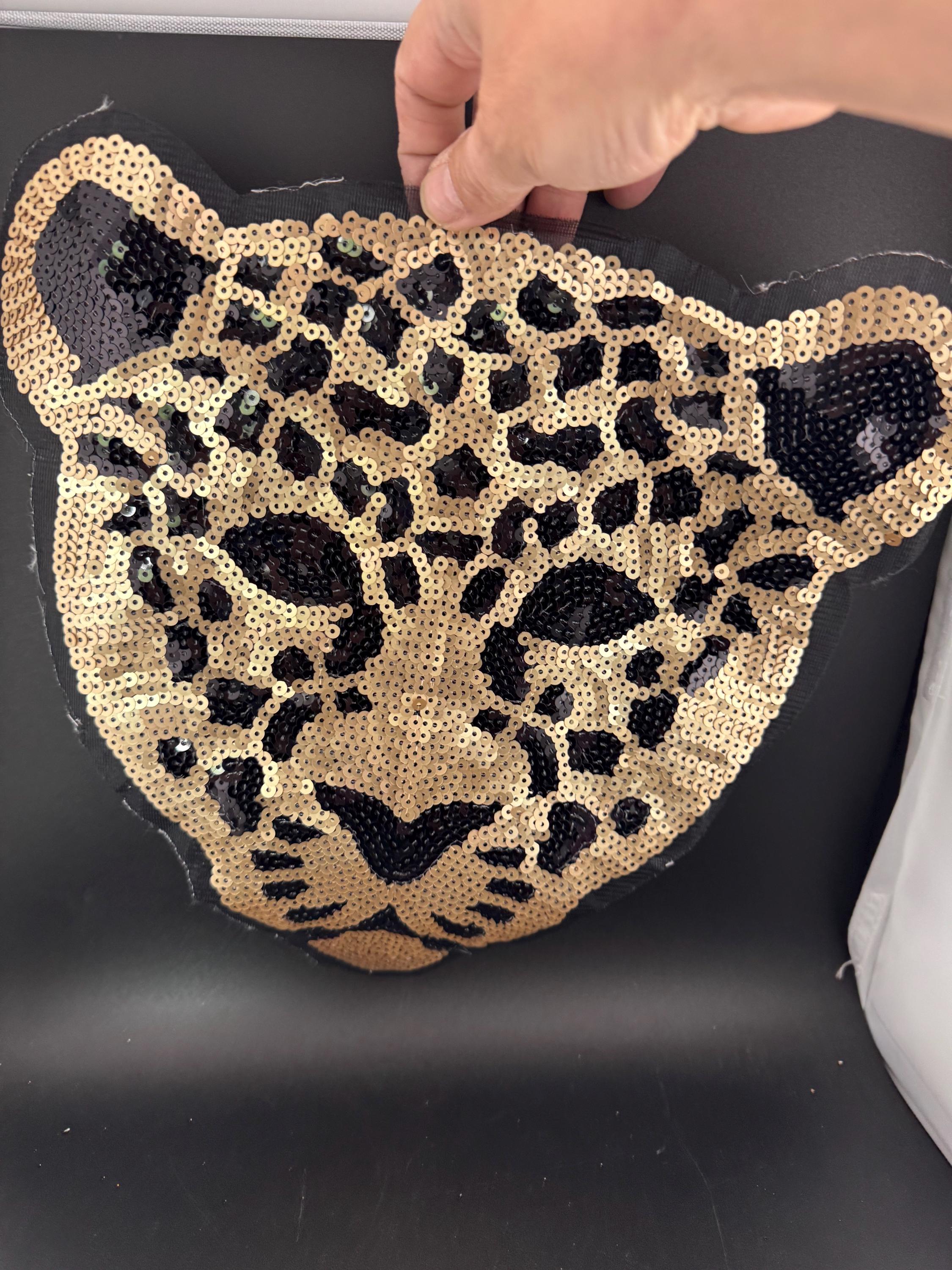 XL 30cm x 29cm sew on wild animal, big cat leopard face patch sequin applique for sewing on clothing , jackets and bags upcycle projects