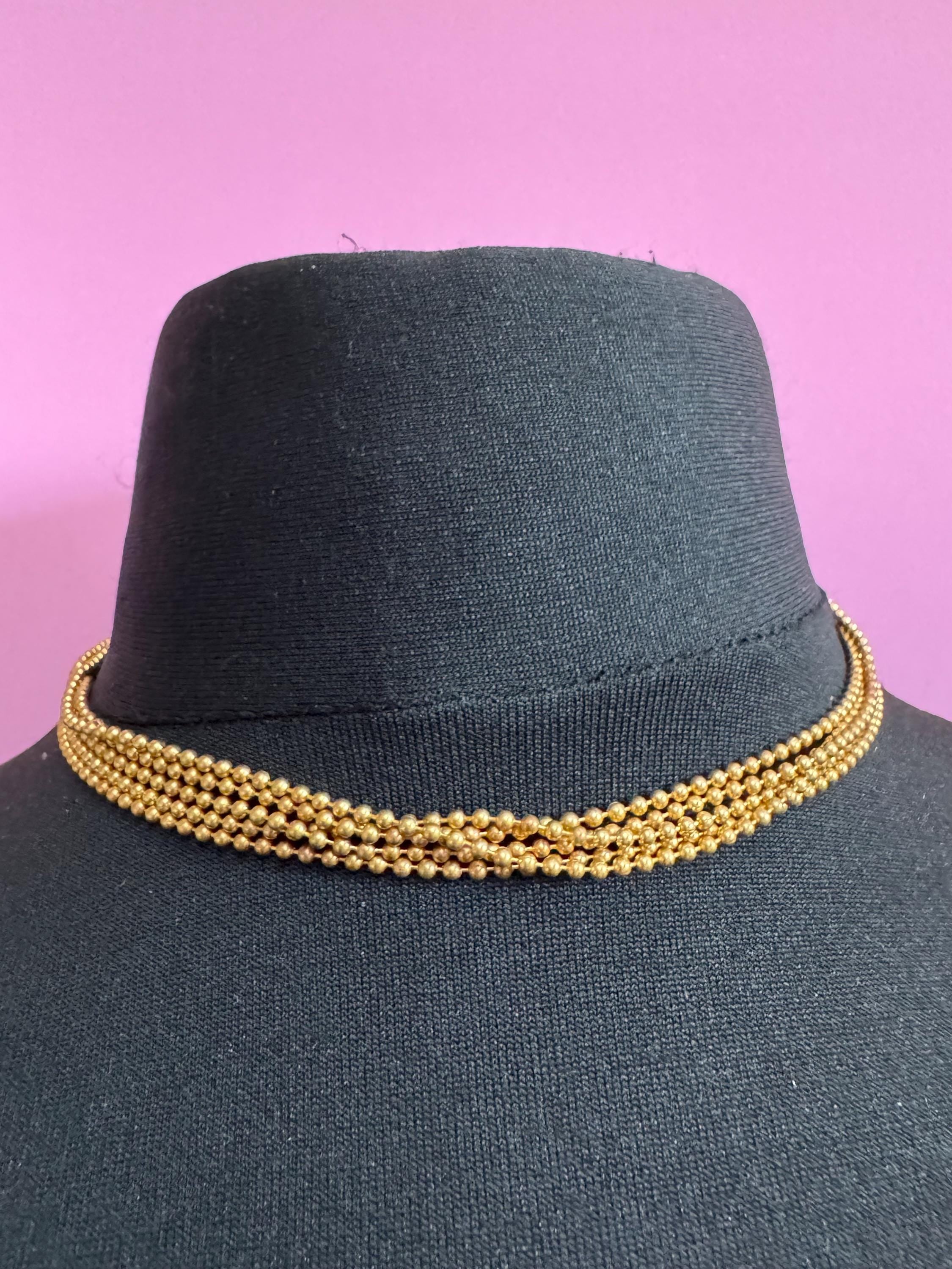 Signed MOVITEX Vintage 4 row brass ball bead chain gold tone multi strand metal chain link choker necklace