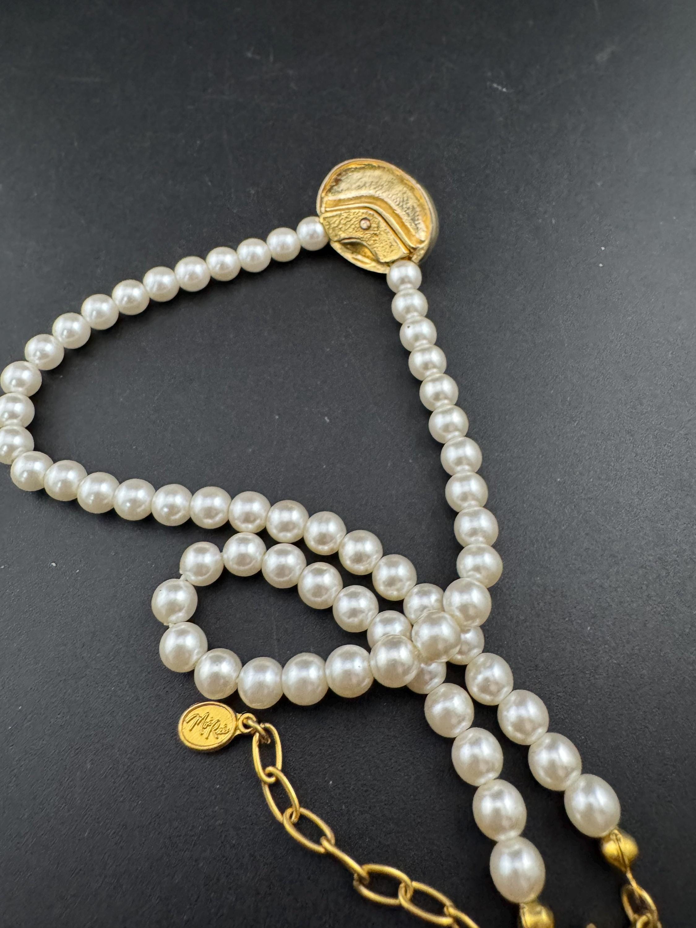 Signed Moi Ree lightweight faux pearl beaded cabochon choker necklace with clear diamanté 41-46cm