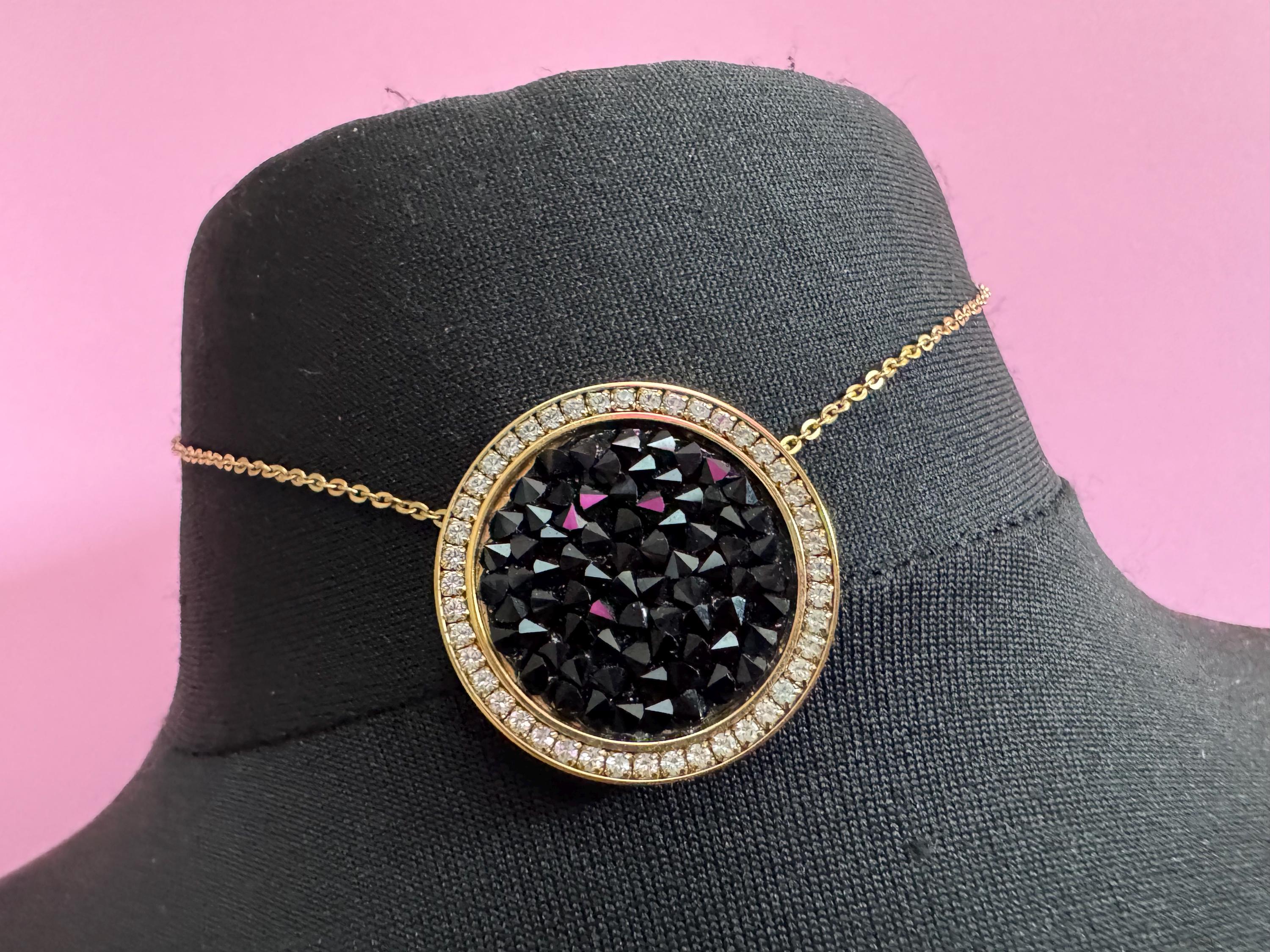 Vintage signed Swarovski Kolye Sound Pendant necklace with Black Crystal model 1170320, gold plated disc choker