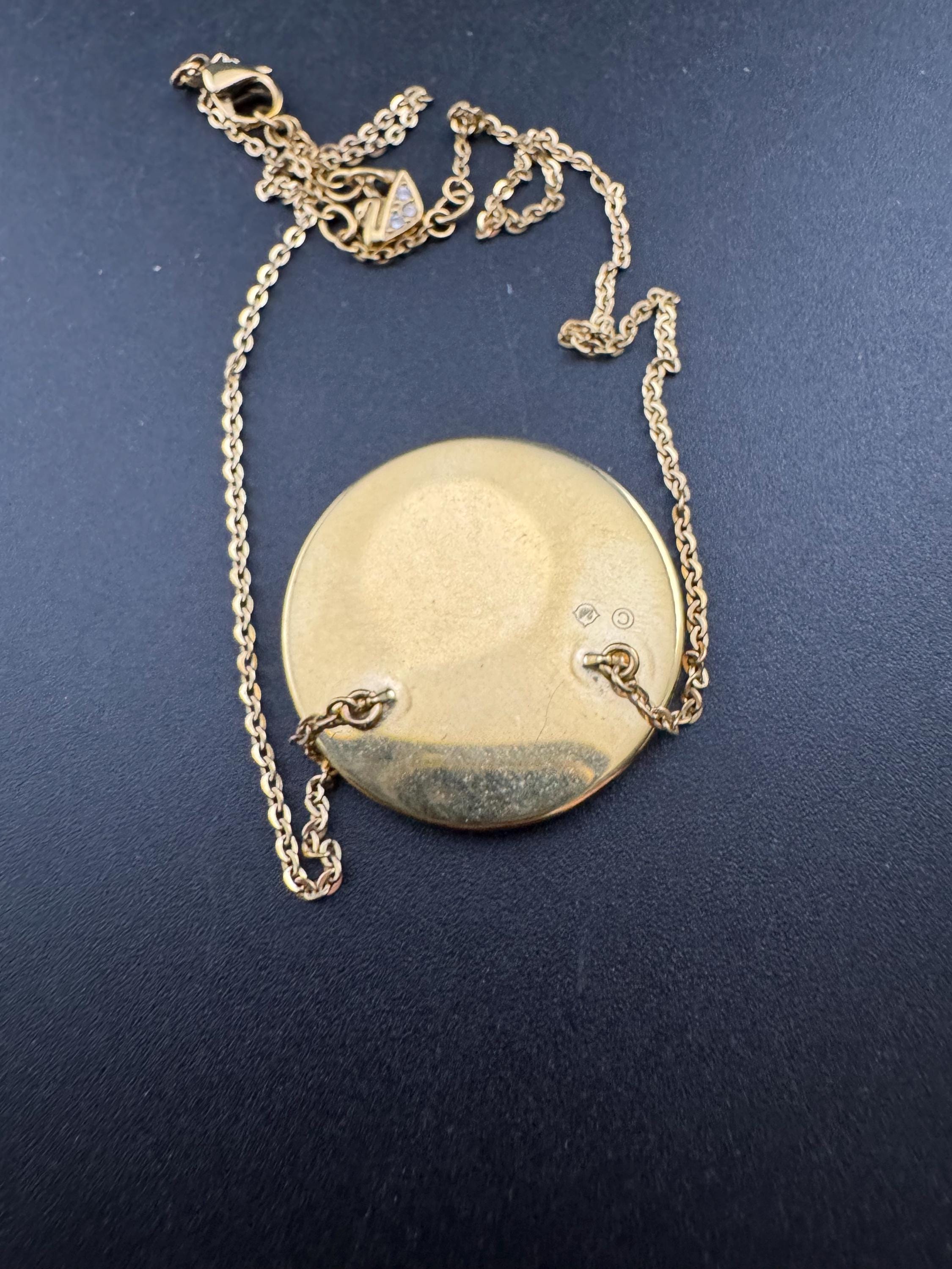Vintage signed Swarovski Kolye Sound Pendant necklace with Black Crystal model 1170320, gold plated disc choker