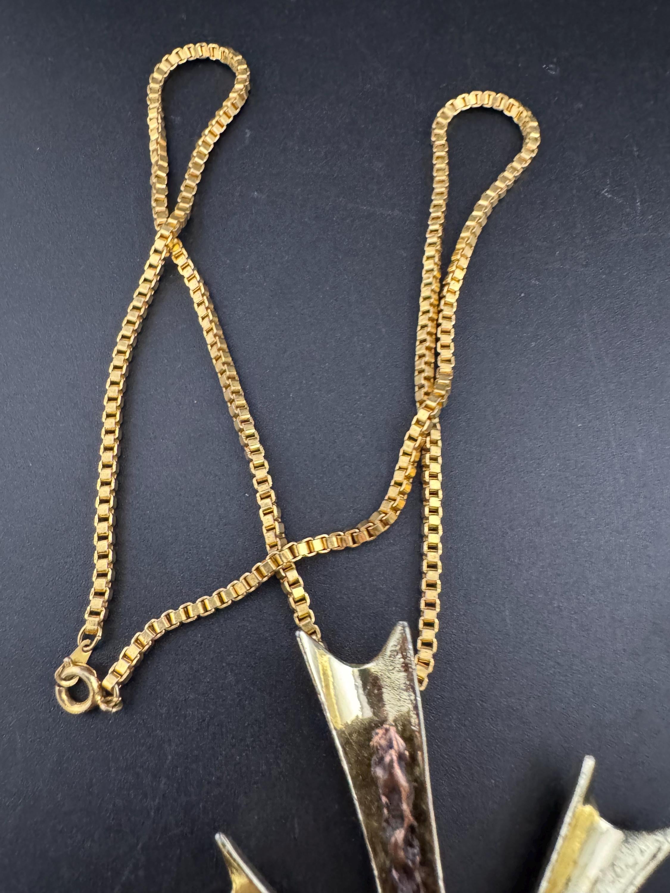 Mid Century Brutalist Cross Pendant Necklace: Signed Hollywood, Bronzed Gold Tone