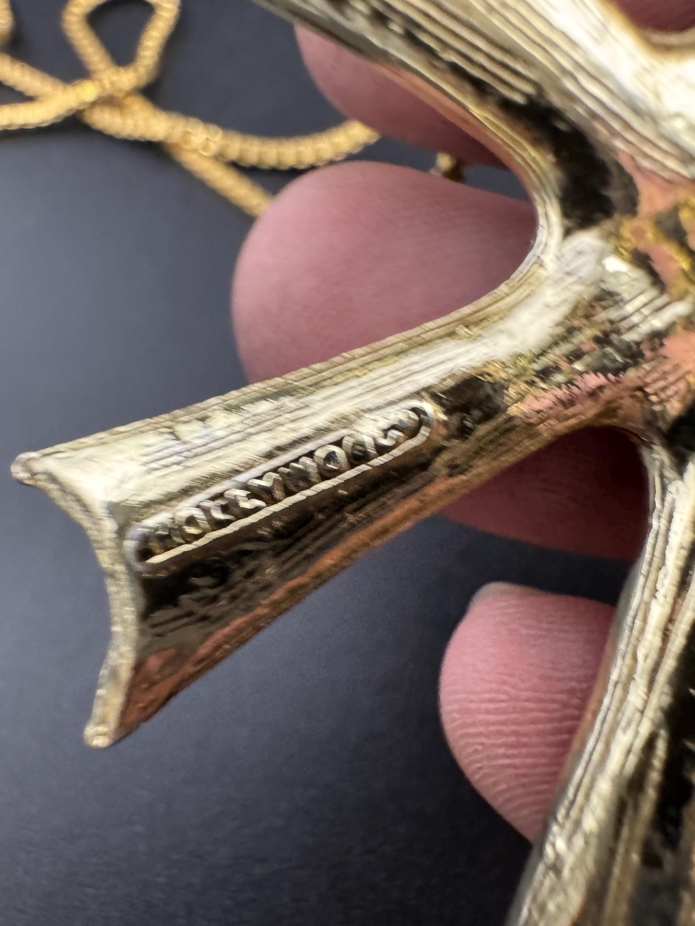 Mid Century Brutalist Cross Pendant Necklace: Signed Hollywood, Bronzed Gold Tone