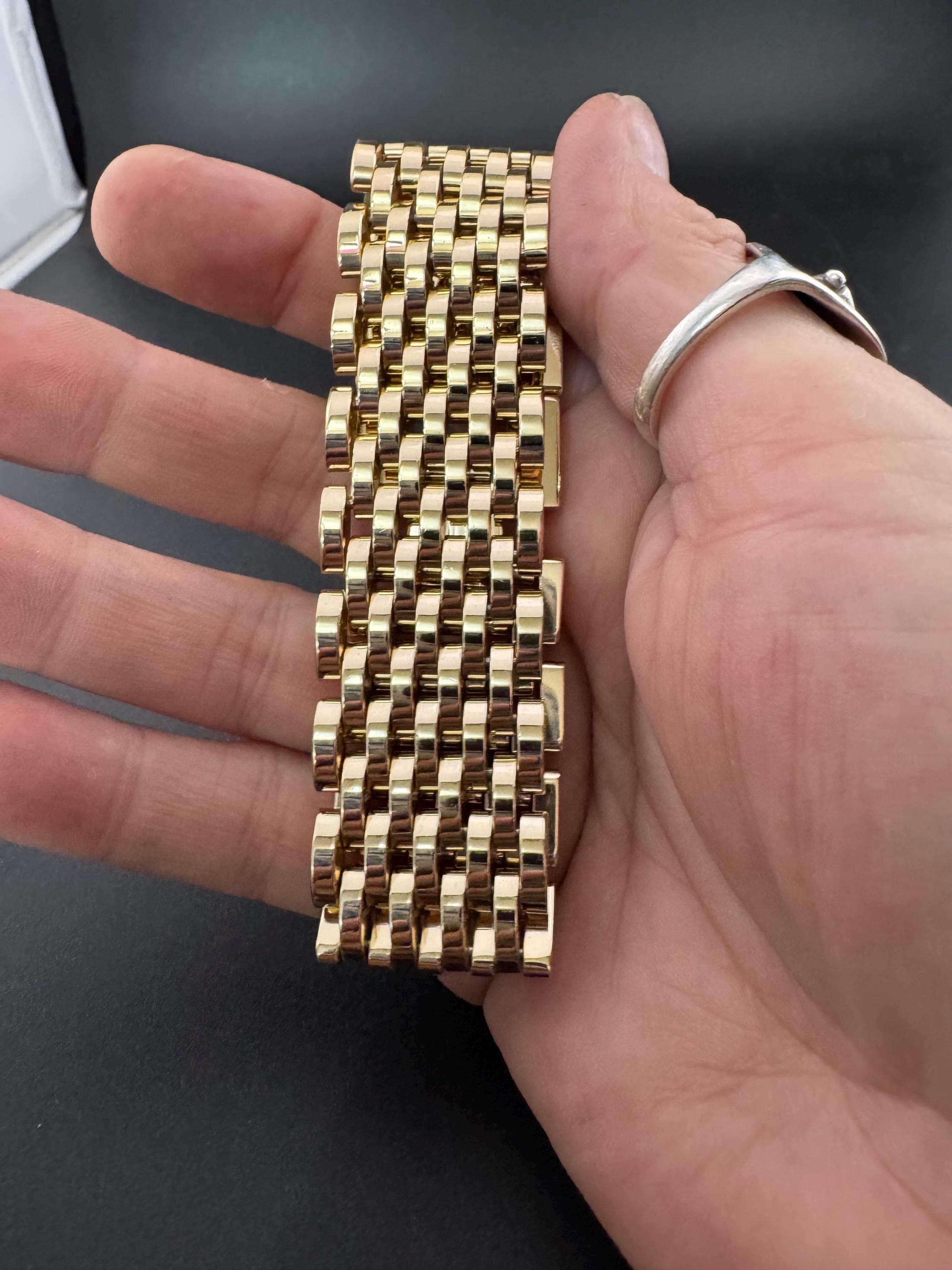 Signed RIVO Swiss made Vintage wide link gold plated cuff articulated bracelet Modernist in mint condition