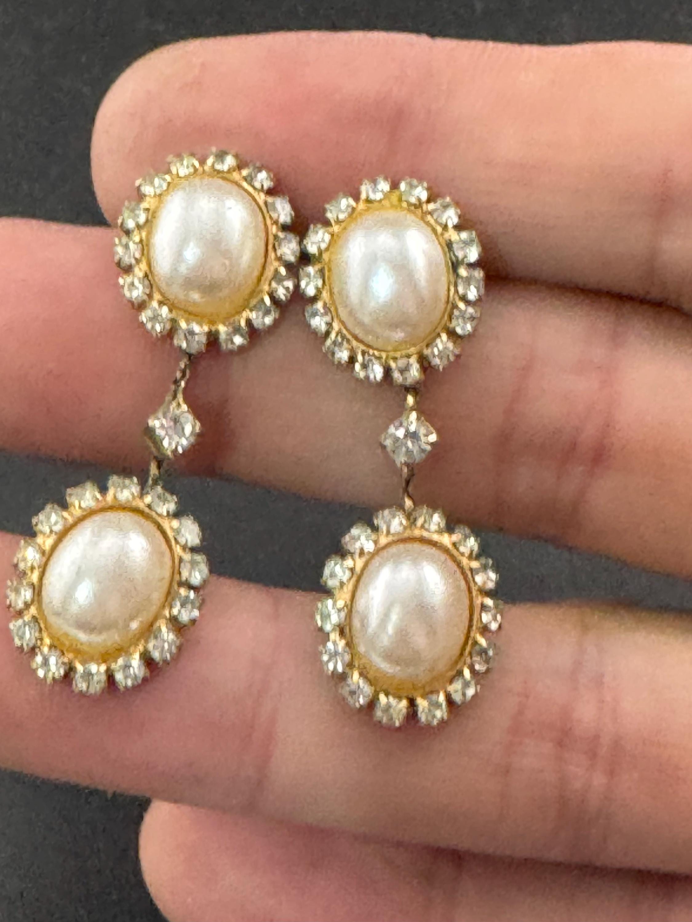 Vintage gold tone diamanté Crystal surround double white pearl oval cabochon 80s dangly drop earrings for pierced ears