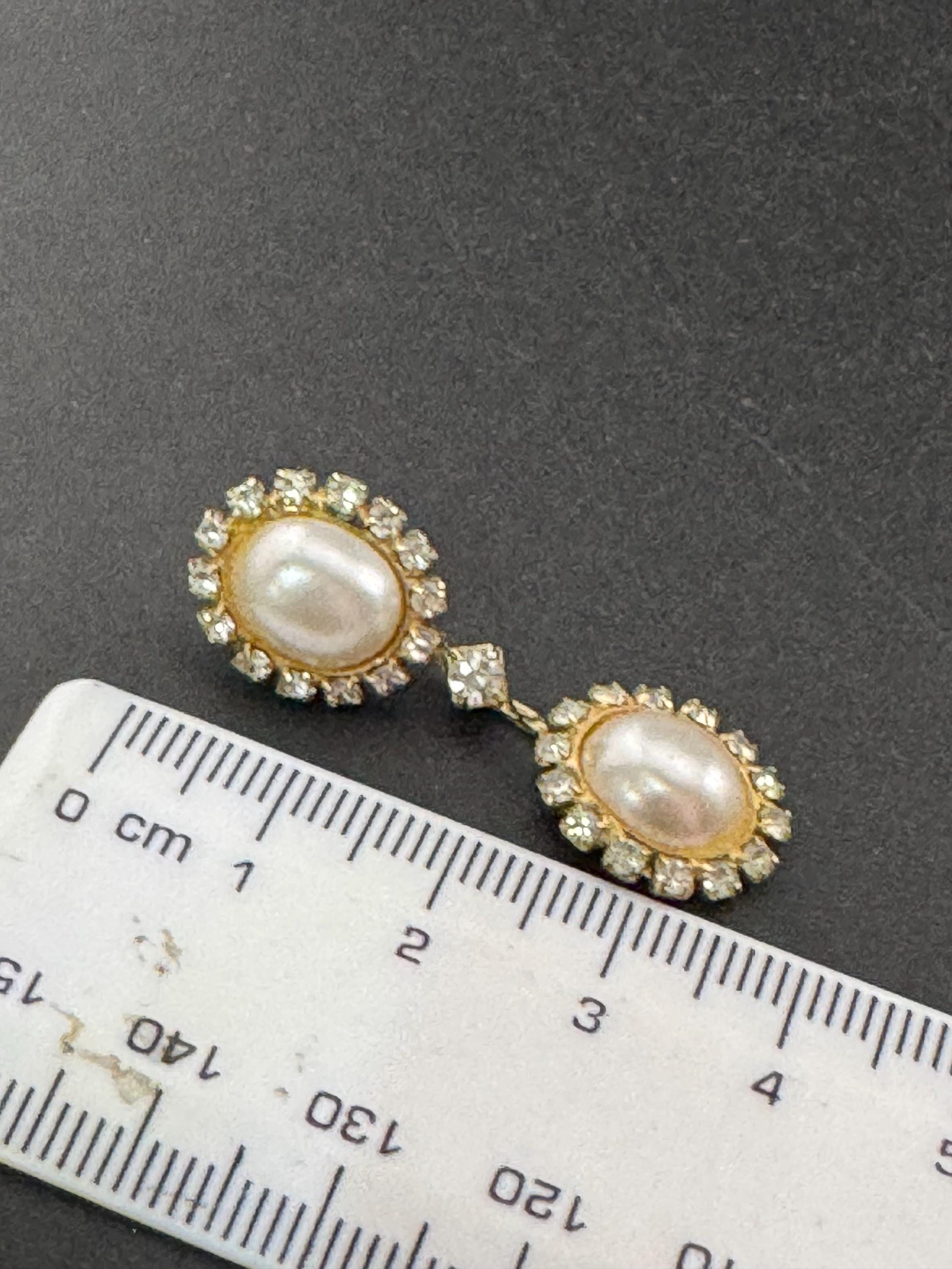 Vintage gold tone diamanté Crystal surround double white pearl oval cabochon 80s dangly drop earrings for pierced ears