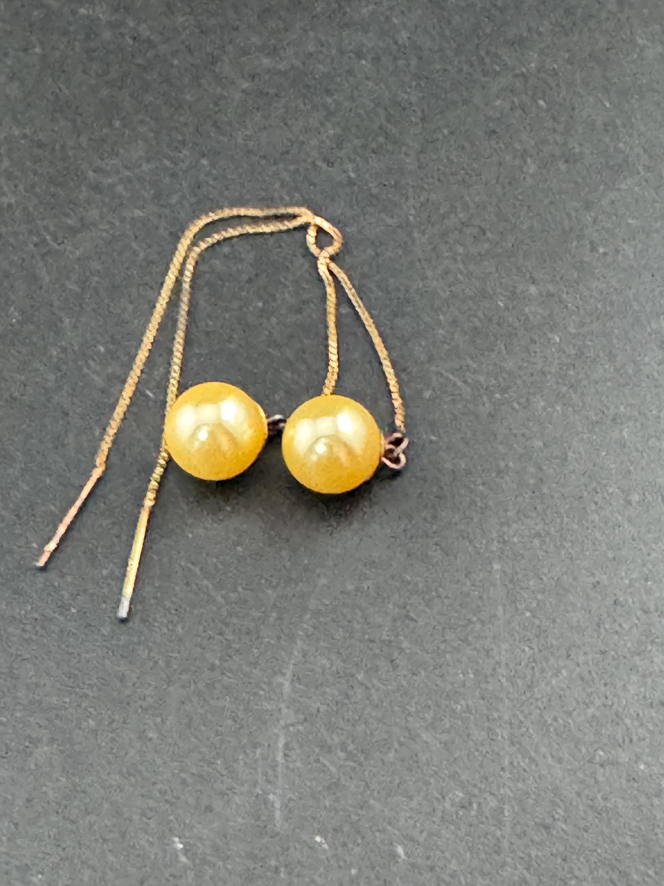 1980s vintage 10cm gold plated yellow tone cream faux pearl ball threader pull through Earrings for pierced ears
