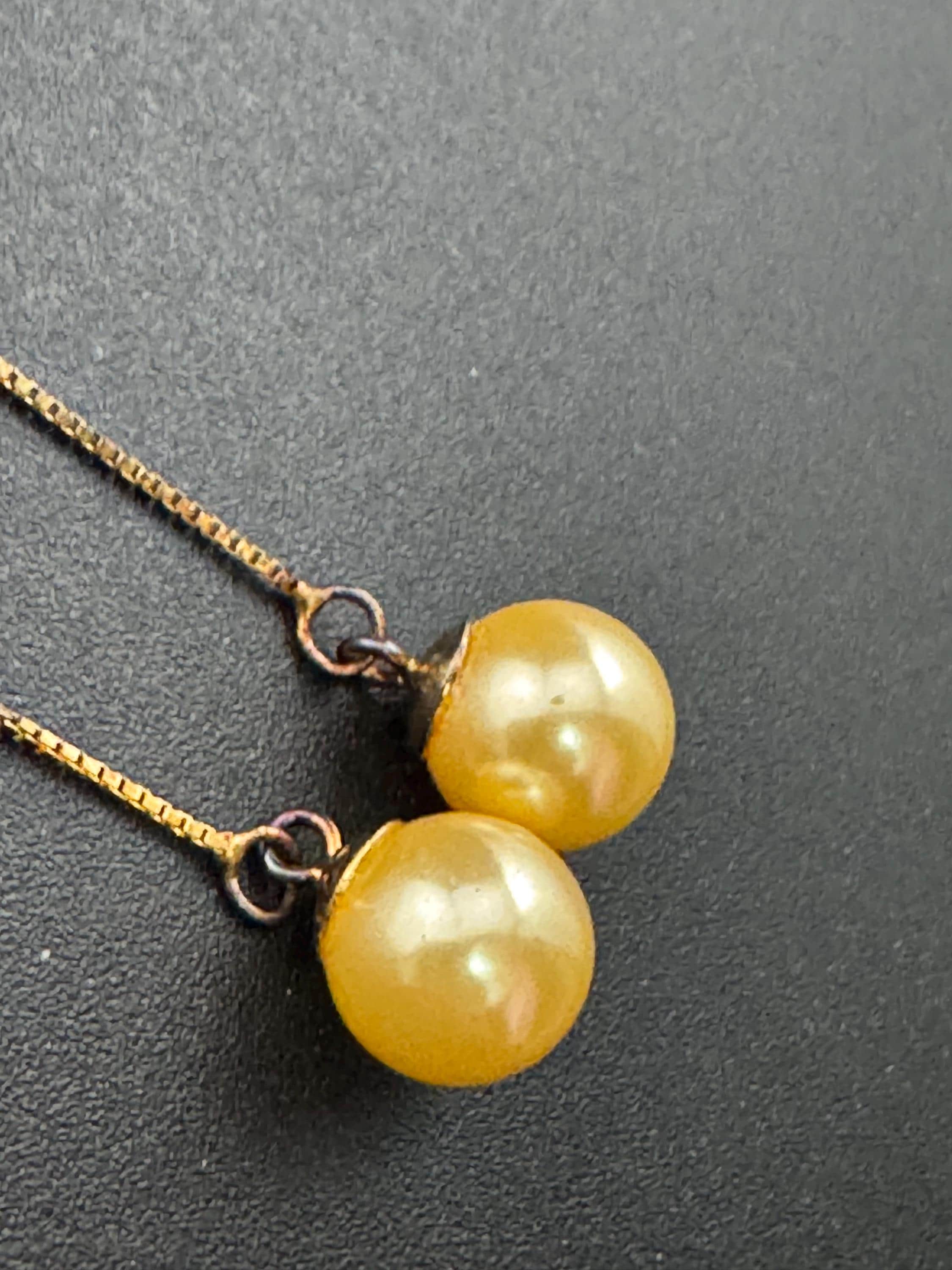 1980s vintage 10cm gold plated yellow tone cream faux pearl ball threader pull through Earrings for pierced ears