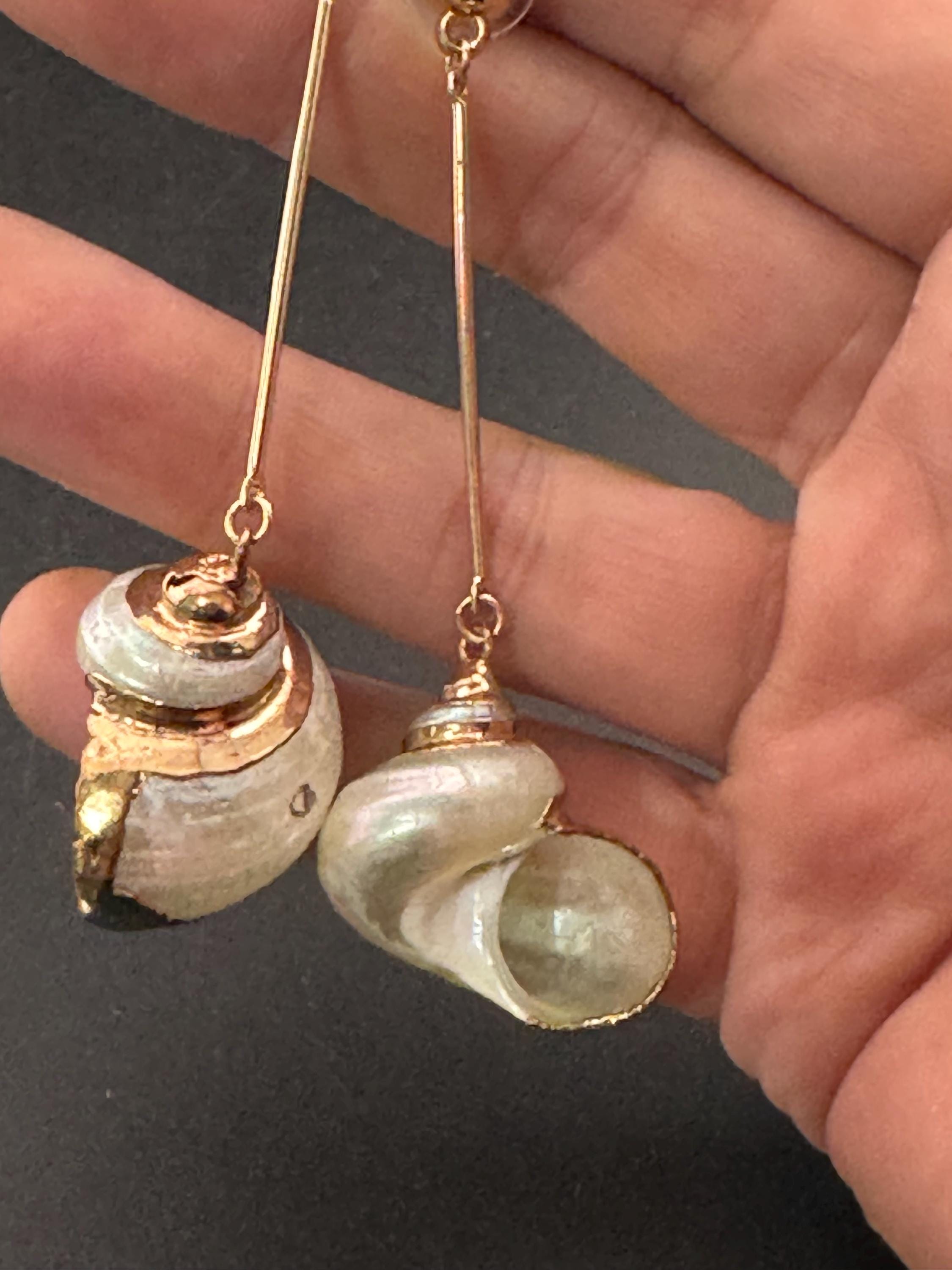 Oversized very long 7cm retro gold tone natural seashell shell nautical summer dangly drop earrings for pierced ears