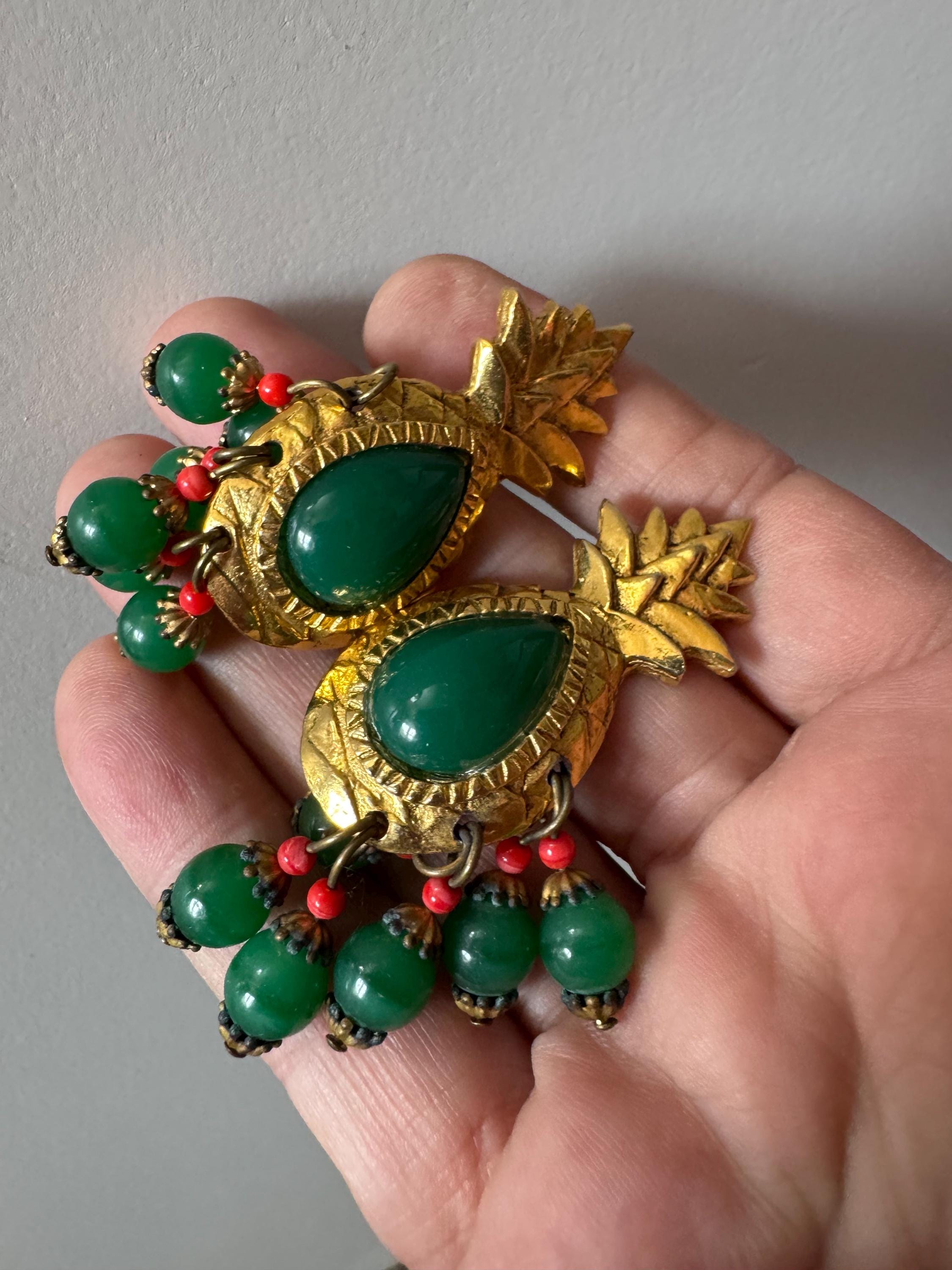 Vintage 1980s Beaded Pineapple Clip On Earrings: Abbey Road USA Signed