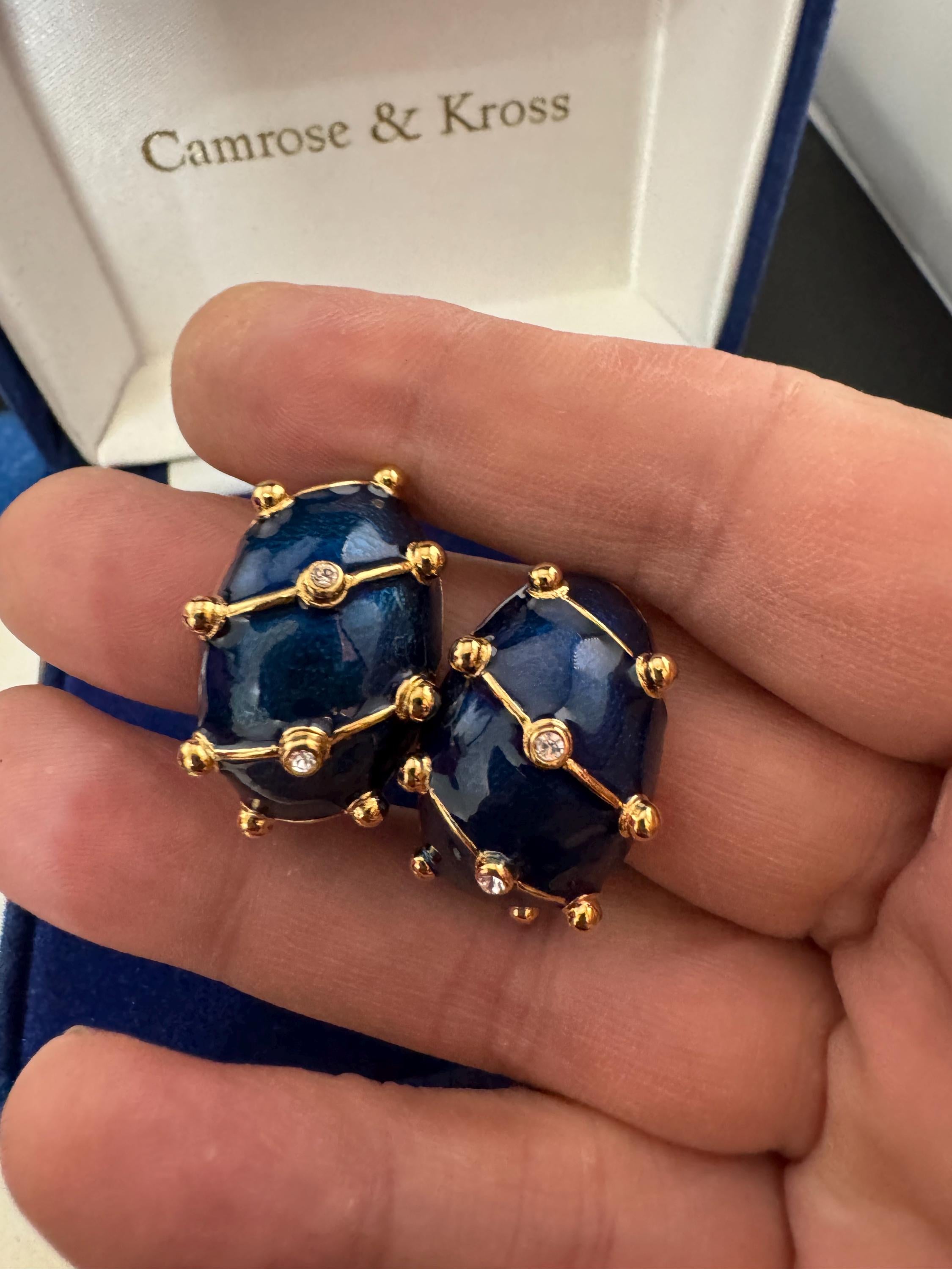 JBK Jacqueline Kennedy Blue Enamel Crystal Clip On Earrings, Gold Plated