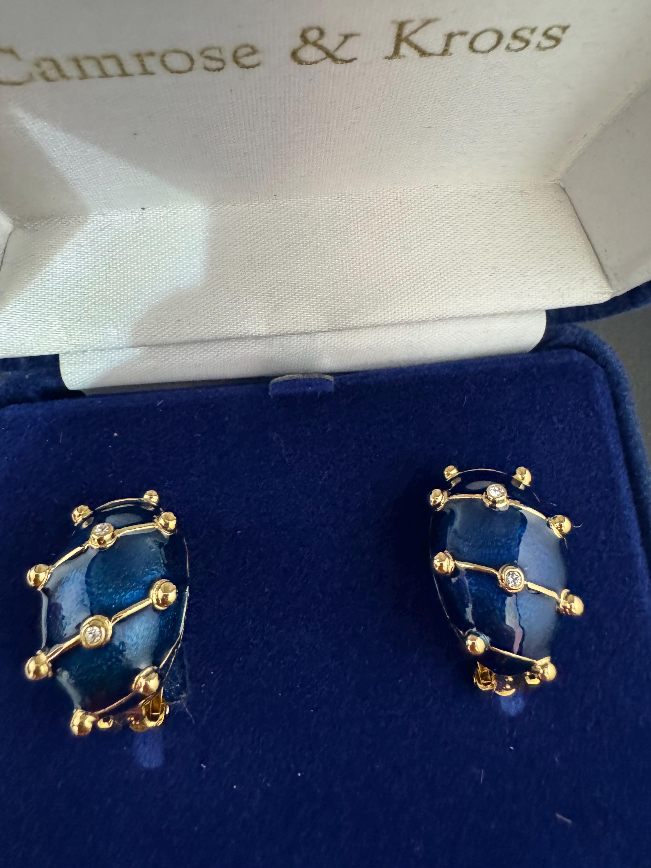 JBK Jacqueline Kennedy Blue Enamel Crystal Clip On Earrings, Gold Plated