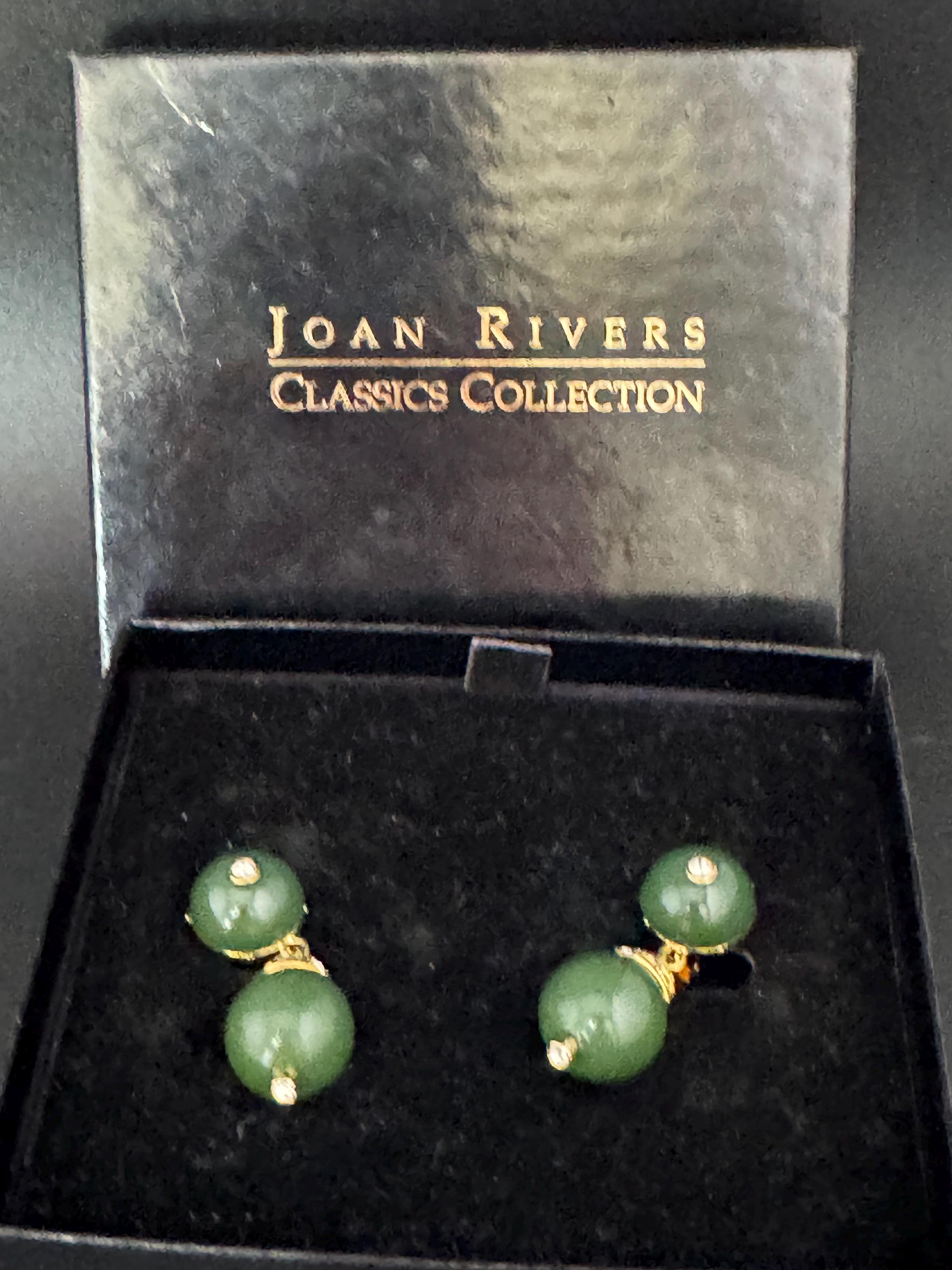 Vintage Signed Joan rivers gold tone beaded clip on drop earrings ,khaki green lucite with clear rhinestone