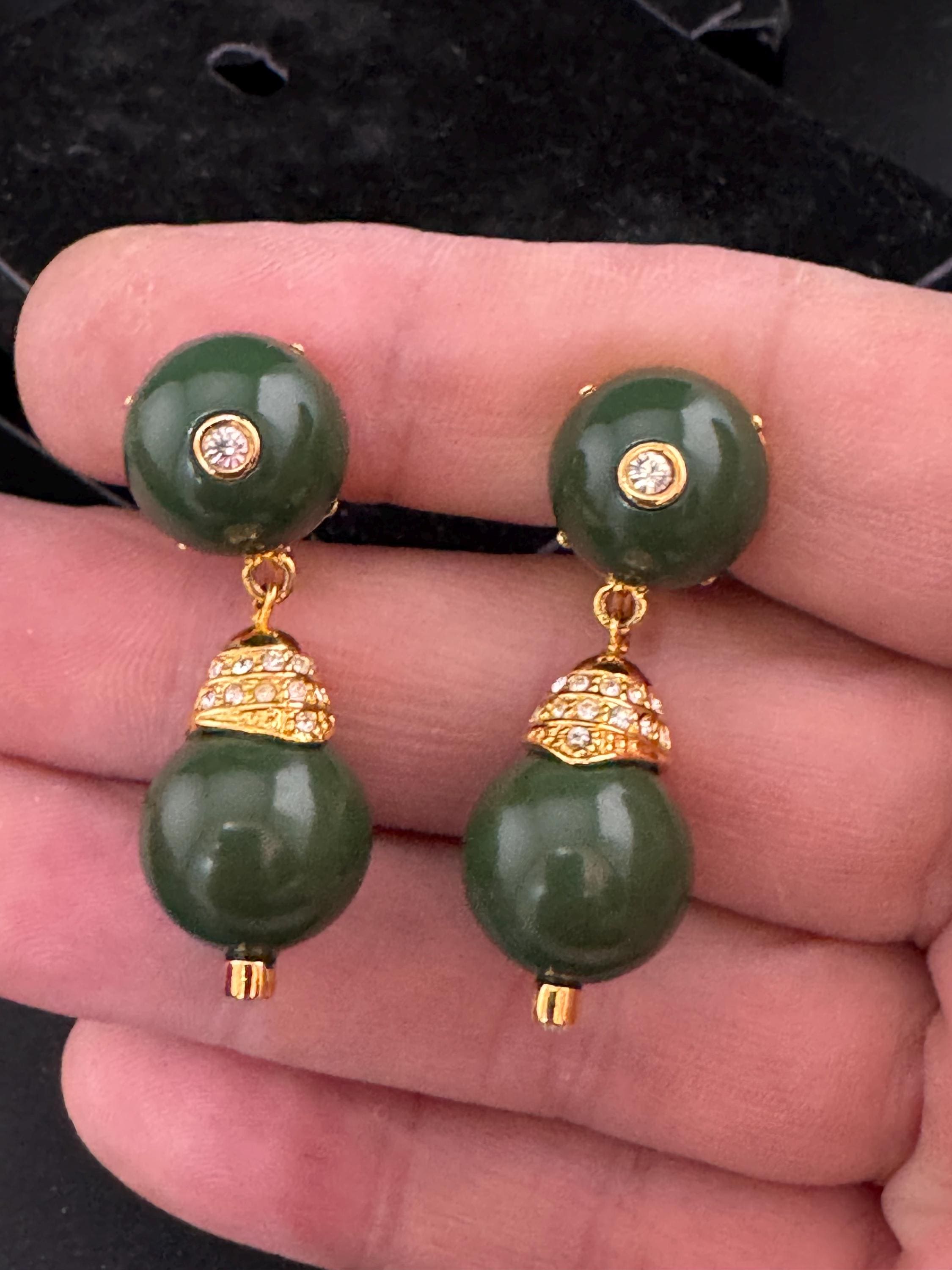 Vintage Signed Joan rivers gold tone beaded clip on drop earrings ,khaki green lucite with clear rhinestone