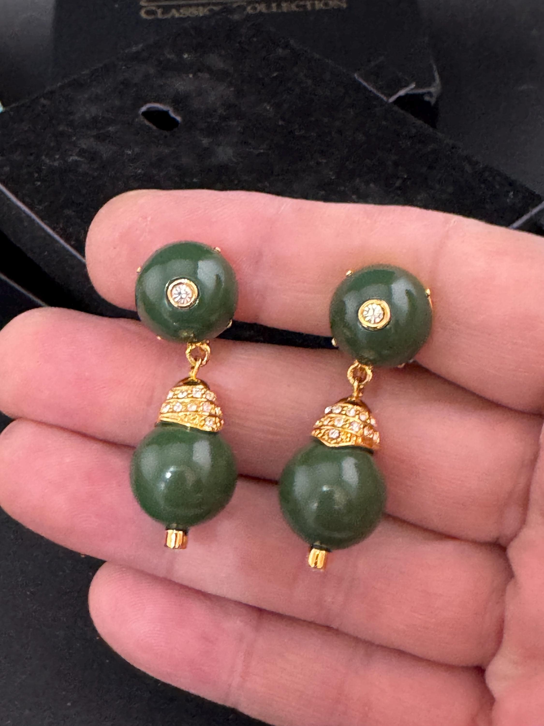 Vintage Signed Joan rivers gold tone beaded clip on drop earrings ,khaki green lucite with clear rhinestone