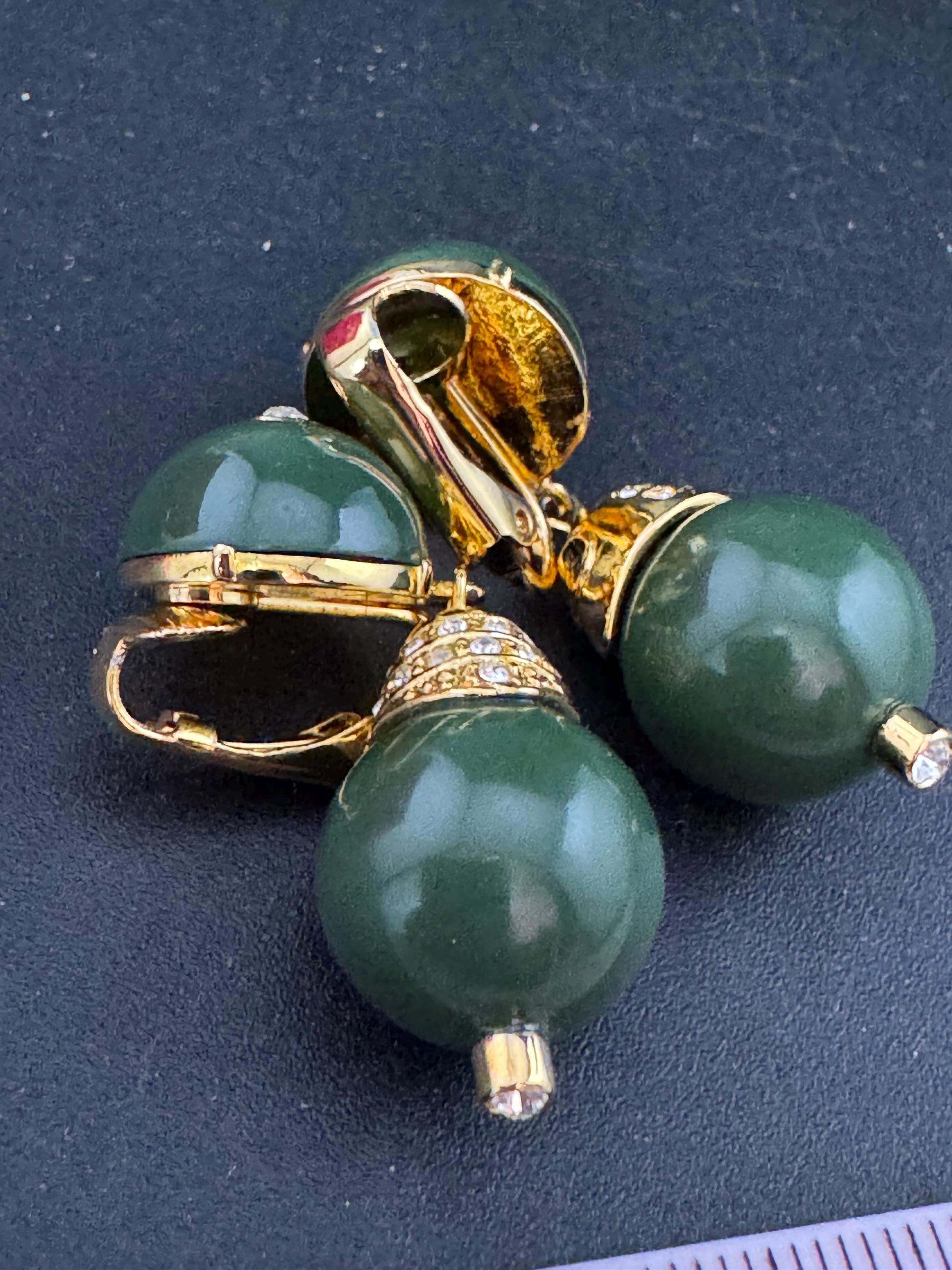 Vintage Signed Joan rivers gold tone beaded clip on drop earrings ,khaki green lucite with clear rhinestone