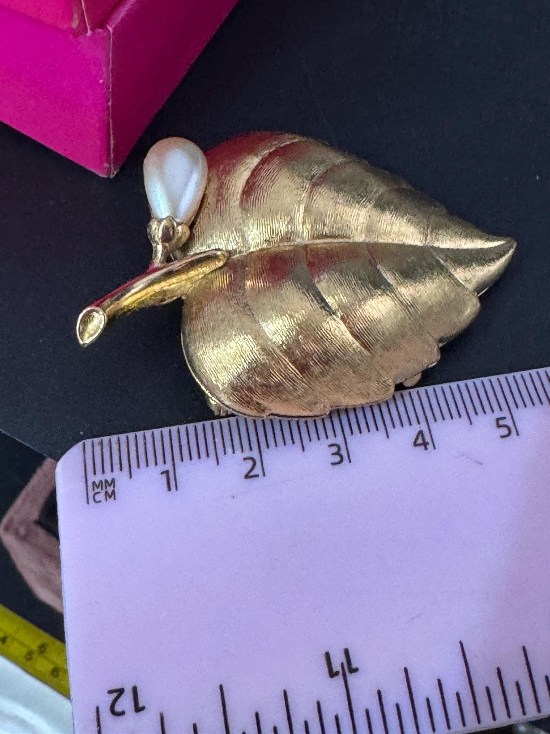 Vintage Avon Golden Leaf Brooch: Perfume Compact, Faux Pearl - Mid Century Boxed