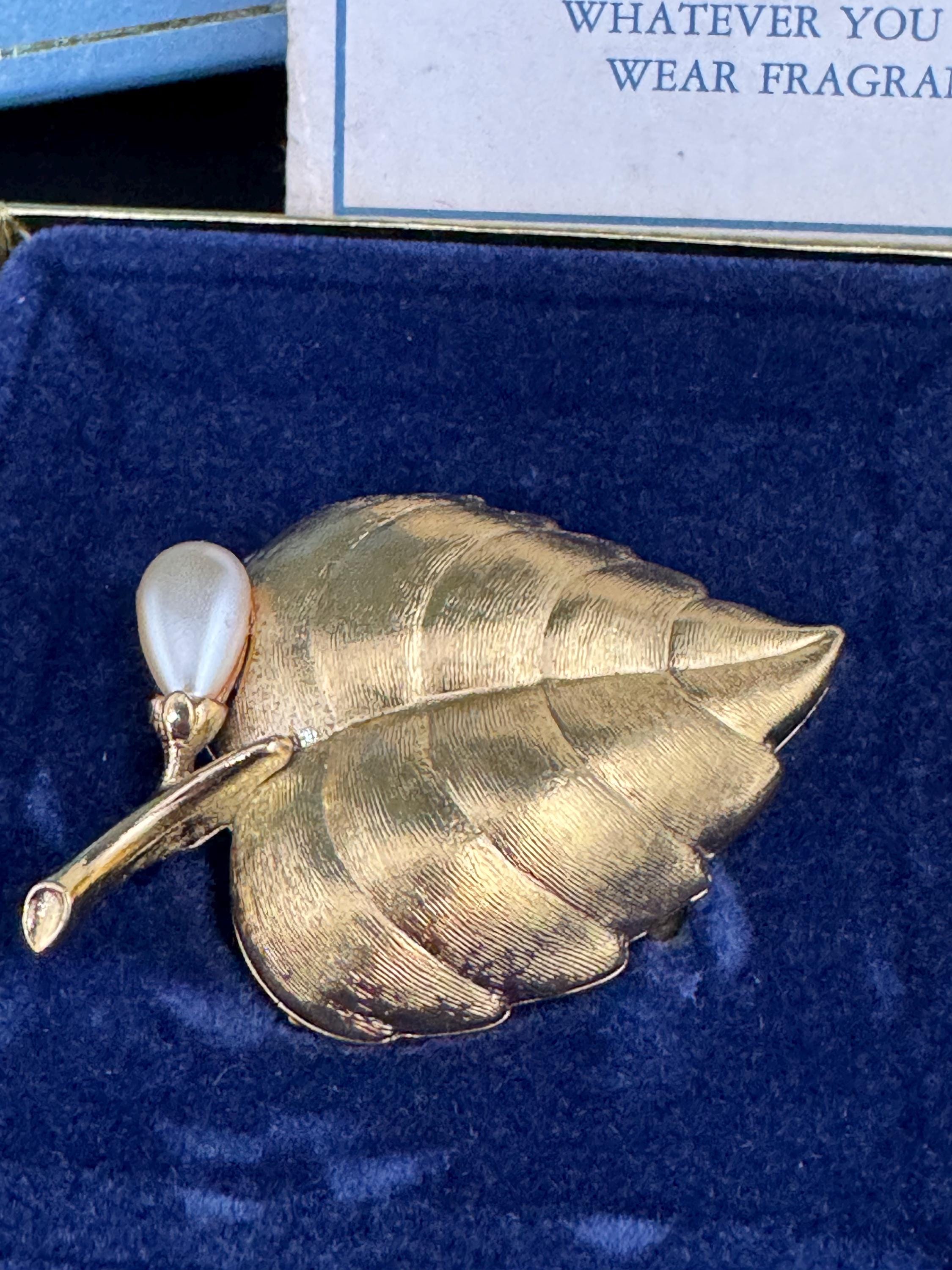 Vintage Avon Golden Leaf Brooch: Perfume Compact, Faux Pearl - Mid Century Boxed