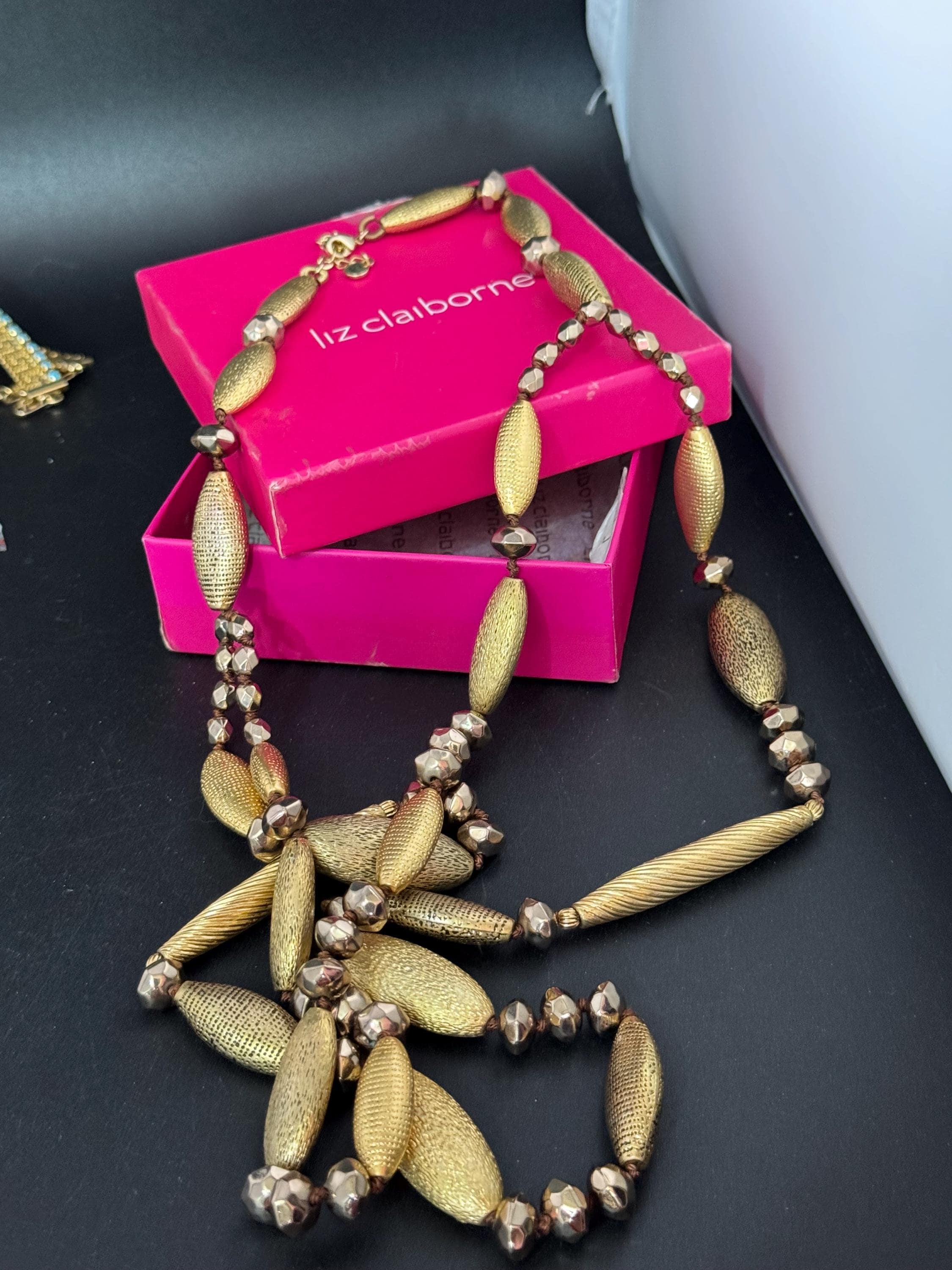 Signed Liz Claiborne Gold Tone Beaded Necklace: Multistrand Oval Design