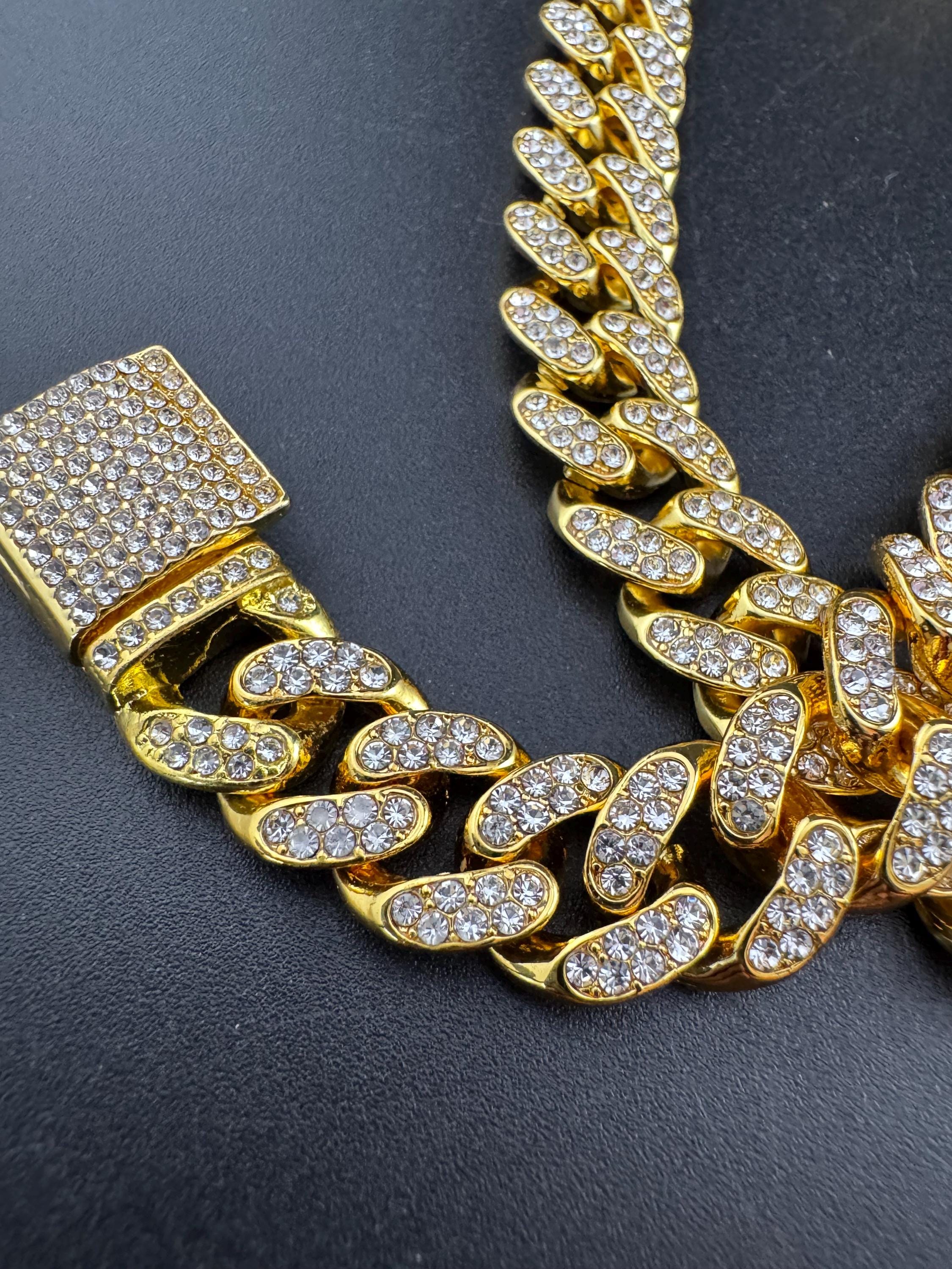 Retro y2K Gold tone flat curb chain link gold necklace and matching bracelet with encrusted clear paste diamanté detail , jewellery set