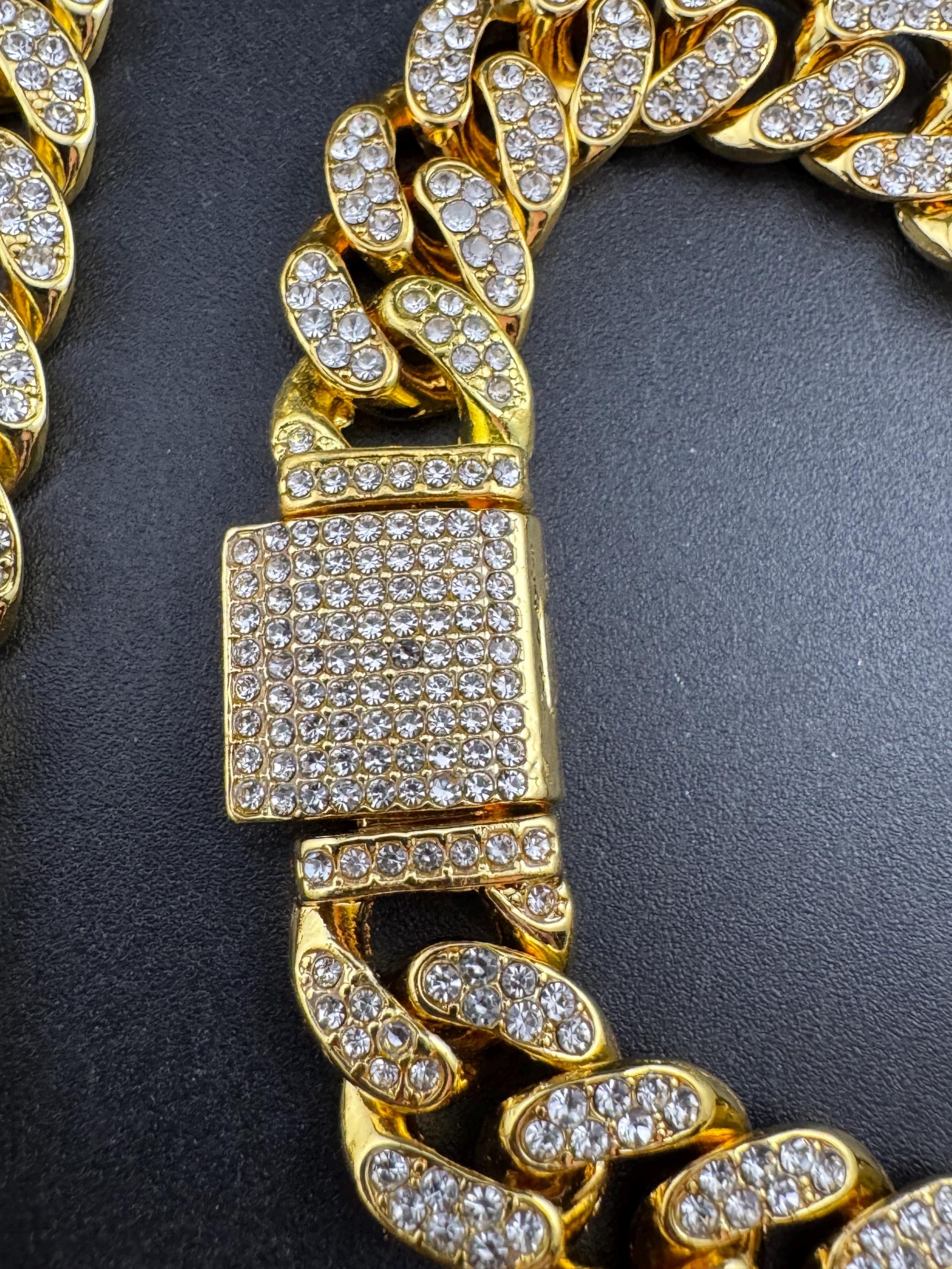 Retro y2K Gold tone flat curb chain link gold necklace and matching bracelet with encrusted clear paste diamanté detail , jewellery set