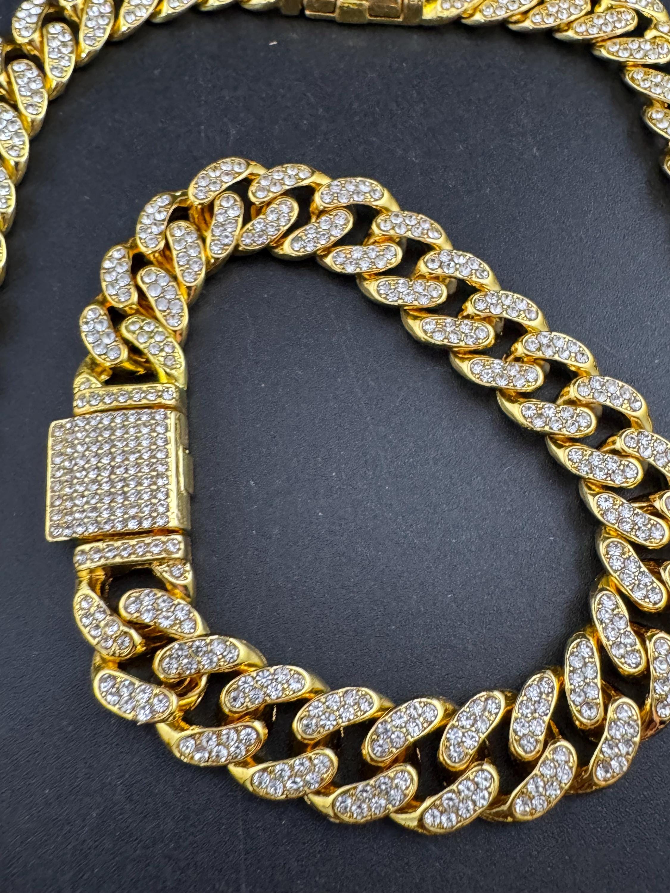 Retro y2K Gold tone flat curb chain link gold necklace and matching bracelet with encrusted clear paste diamanté detail , jewellery set