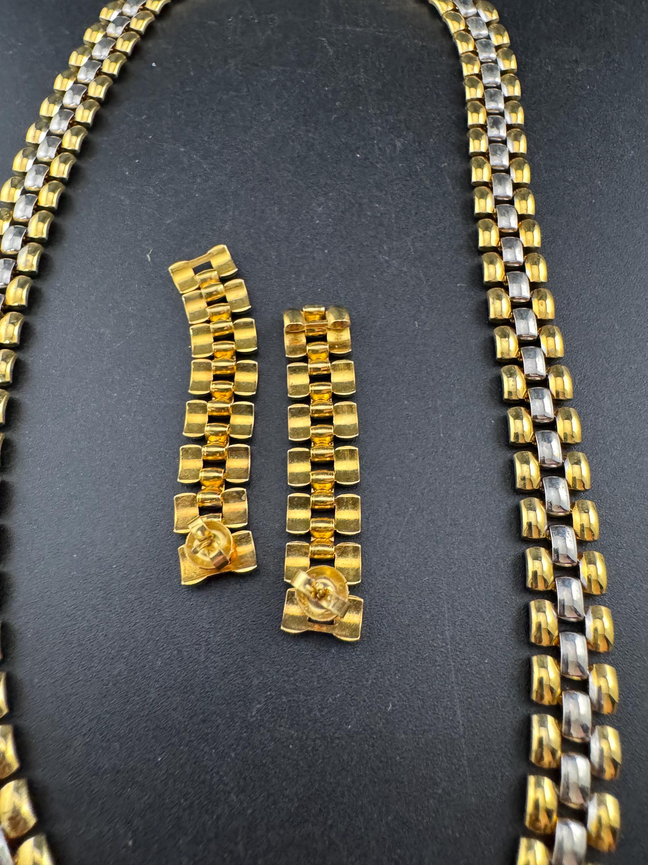 Retro 1980s gold and silver tone wide panther link necklace and matching bracelet pierced dangly drop earring jewellery set