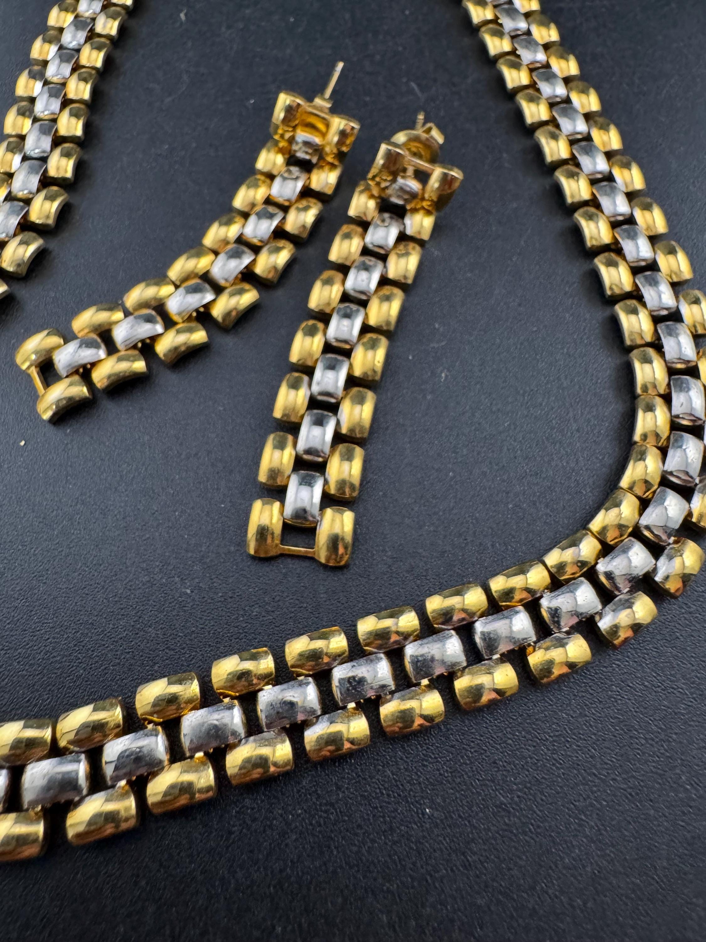 Retro 1980s gold and silver tone wide panther link necklace and matching bracelet pierced dangly drop earring jewellery set