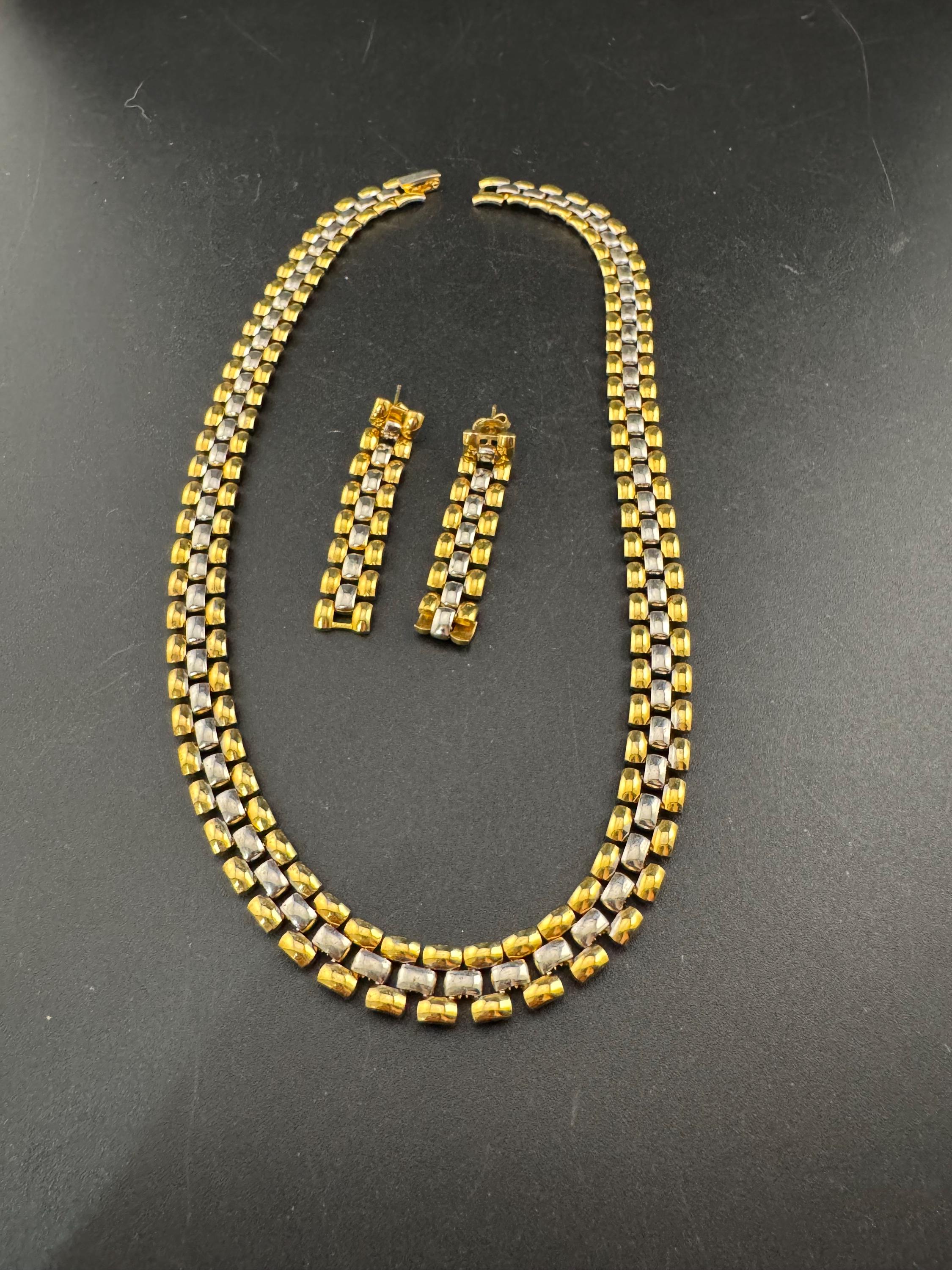 Retro 1980s gold and silver tone wide panther link necklace and matching bracelet pierced dangly drop earring jewellery set