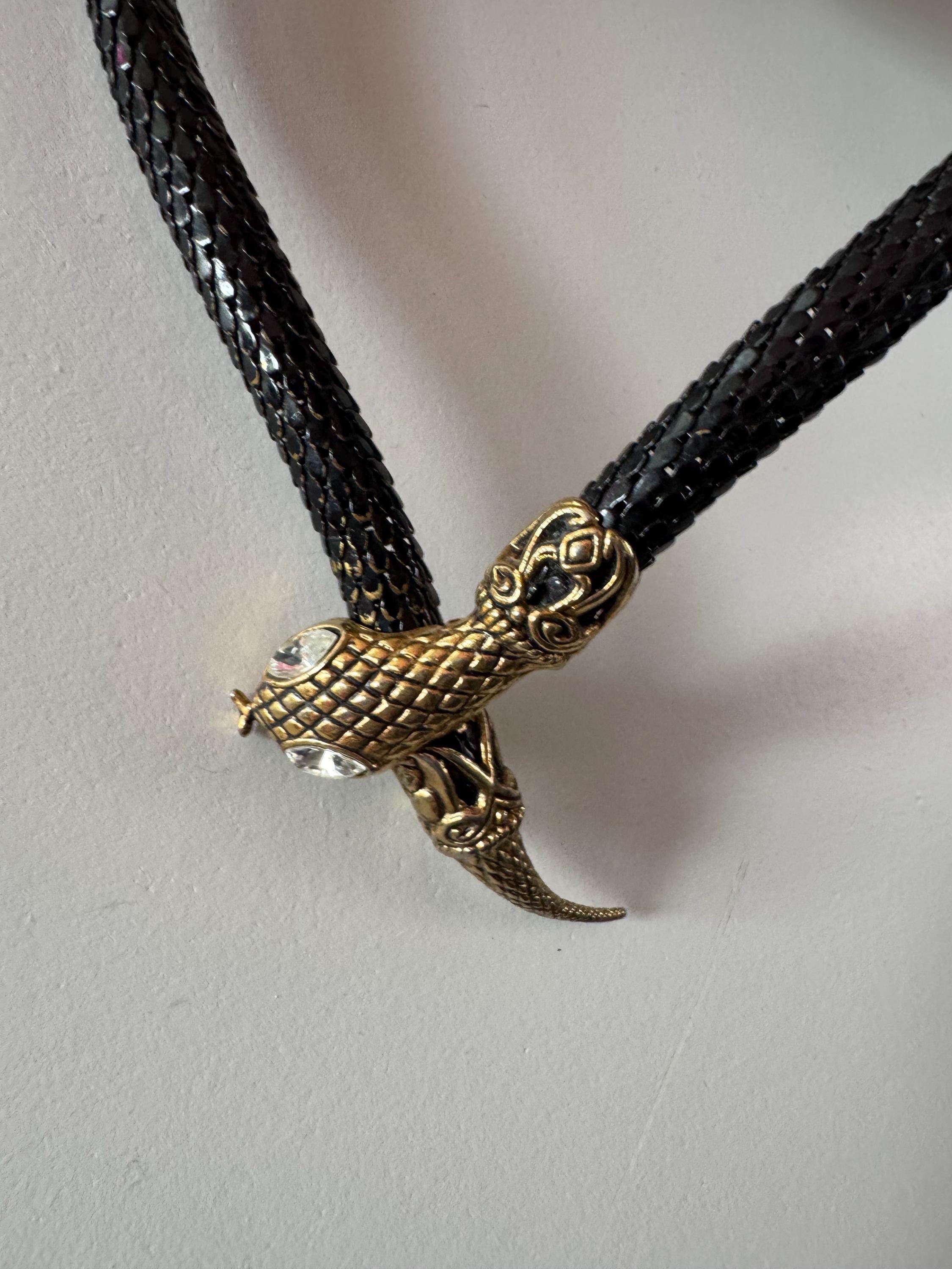 Retro black and gold tone wrap round snake necklace with diamanté eyes 45cm