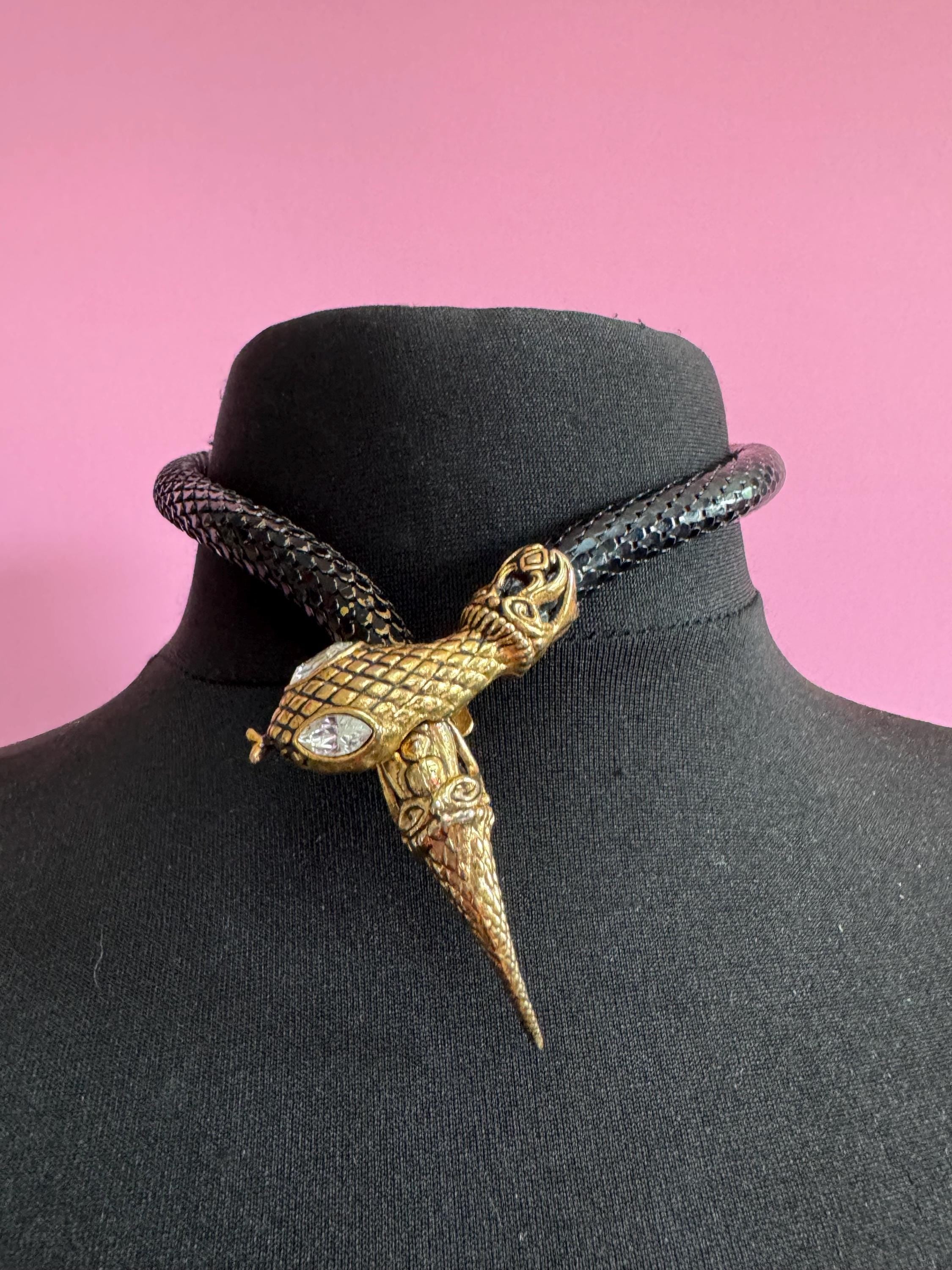 Retro black and gold tone wrap round snake necklace with diamanté eyes 45cm