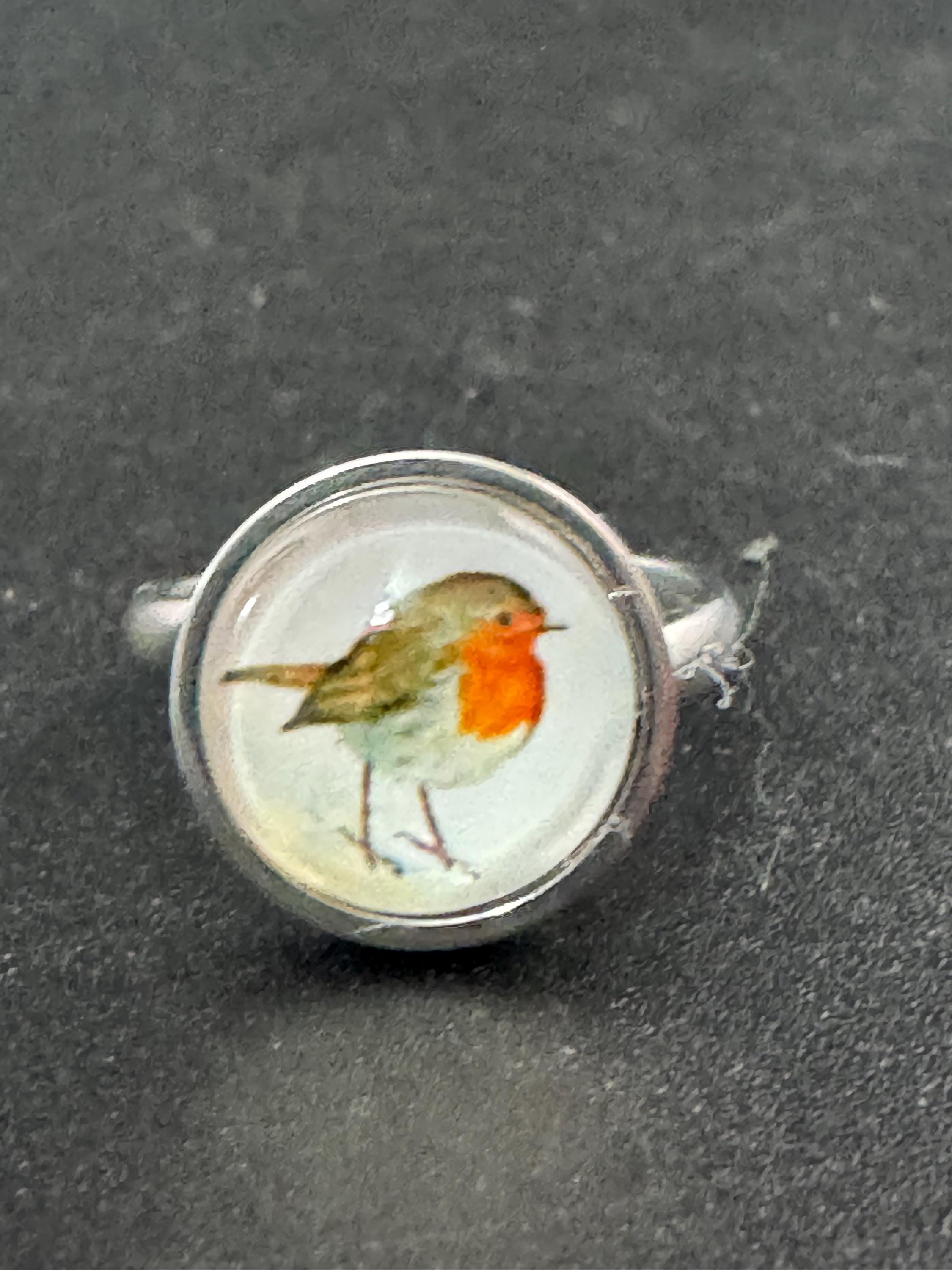 Handmade Garden bird Robin redbreast stainless steel adjustable ring 14mm glass cabochon