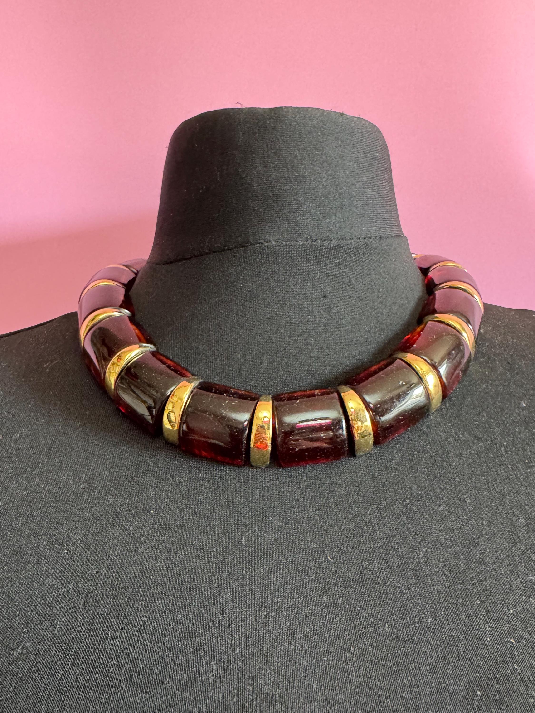 Signed 80s NAPIER Chunky Beaded Choker: Gold Tone, Amber Acrylic