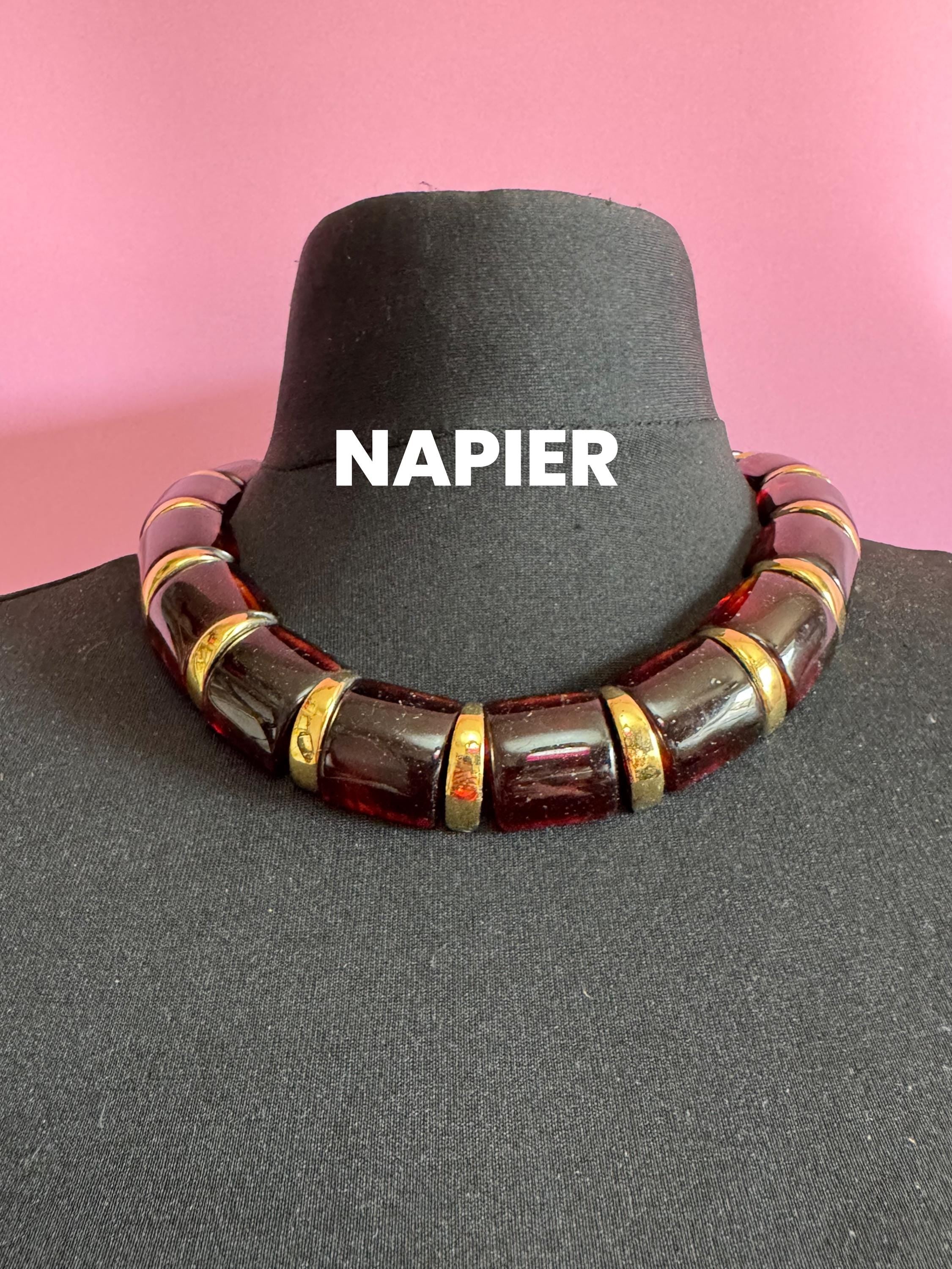 Signed 80s NAPIER Chunky Beaded Choker: Gold Tone, Amber Acrylic