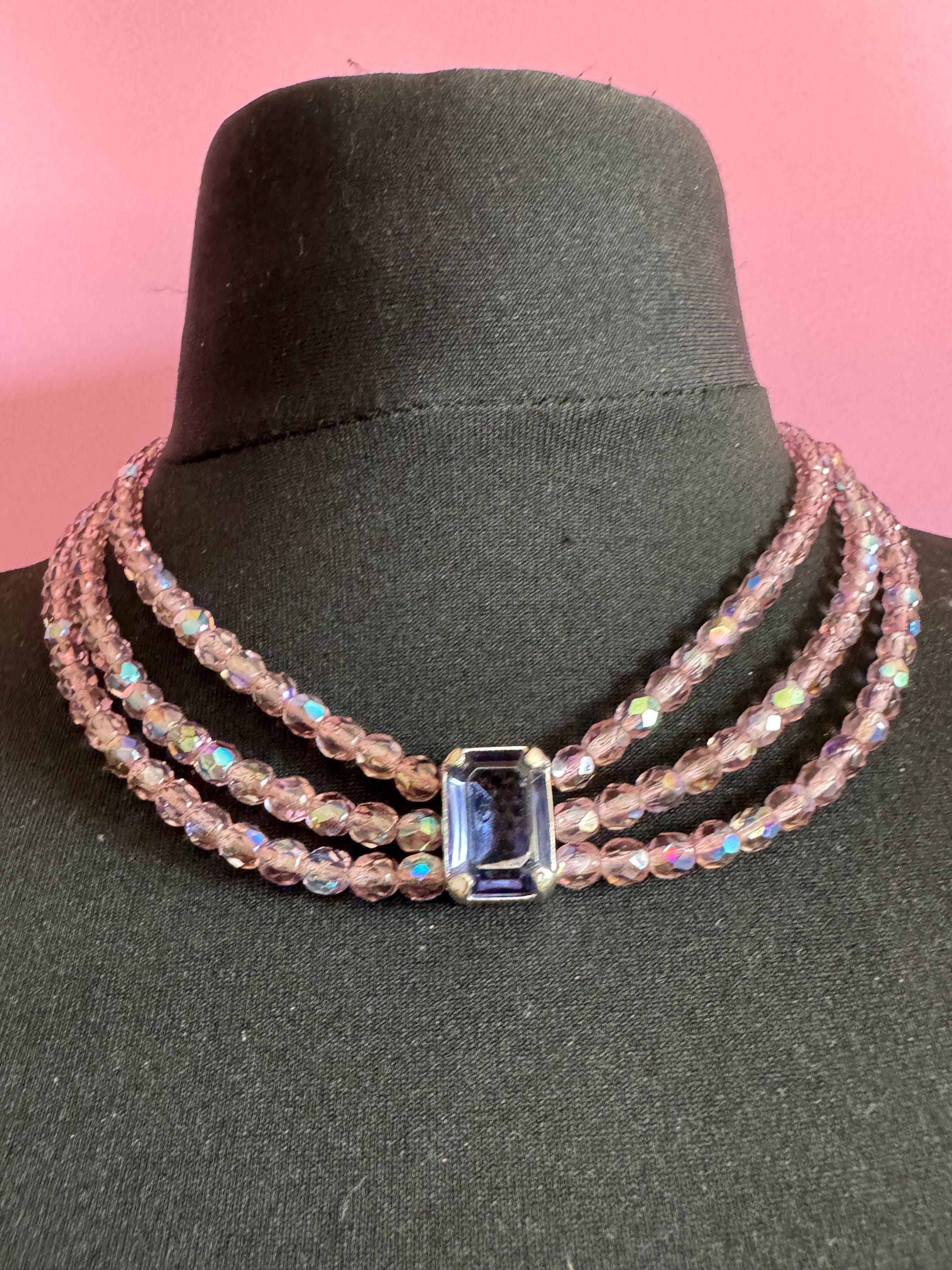 Signed Monet Pink Crystal Necklace Bracelet Set: Aurora Borealis Zircon