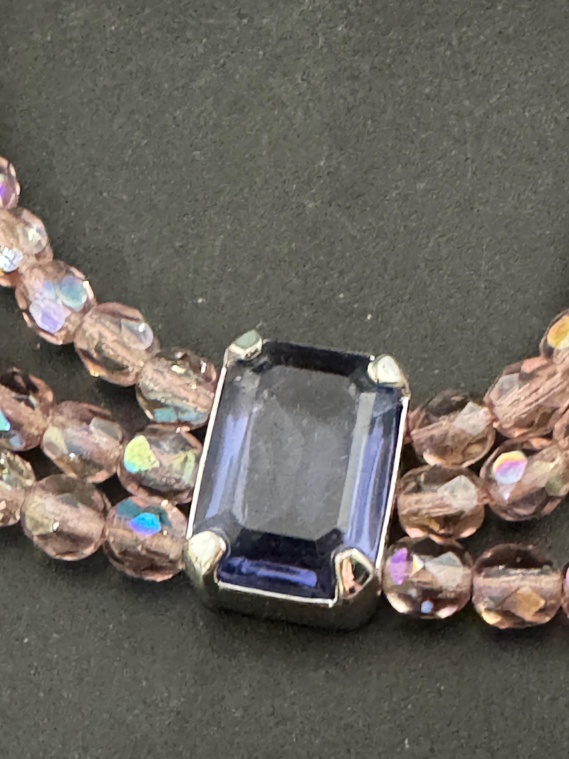 Signed Monet Pink Crystal Necklace Bracelet Set: Aurora Borealis Zircon