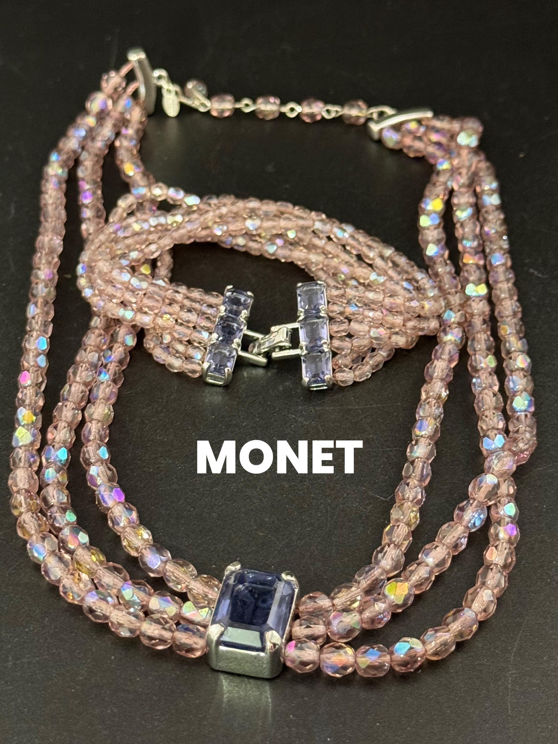 Signed Monet Pink Crystal Necklace Bracelet Set: Aurora Borealis Zircon
